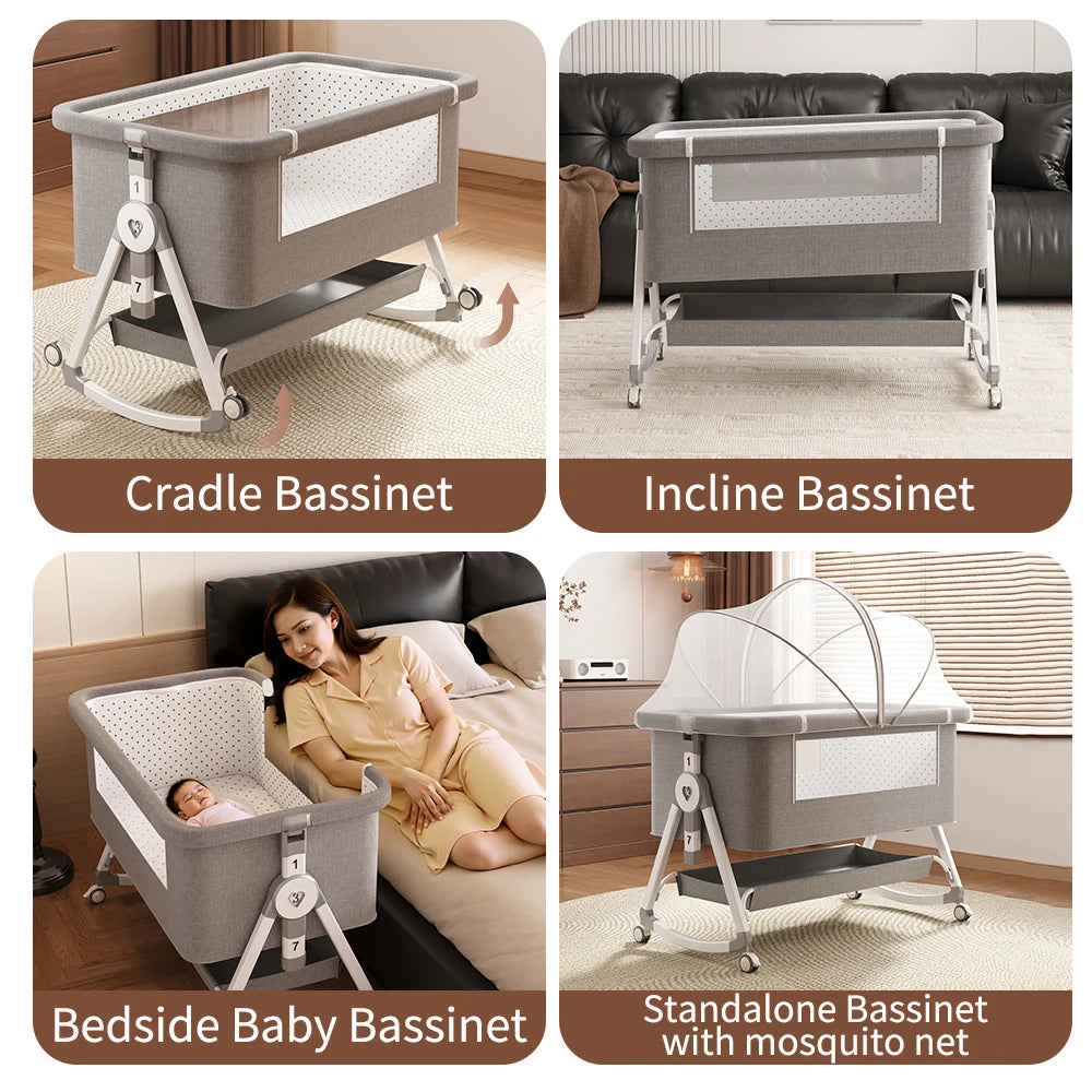 Baby Bassinet, 3-in-1 Bedside Sleeper with Mosquito Net, 7 Adjustable Heights, Portable Folding Infant Crib with Wheels,