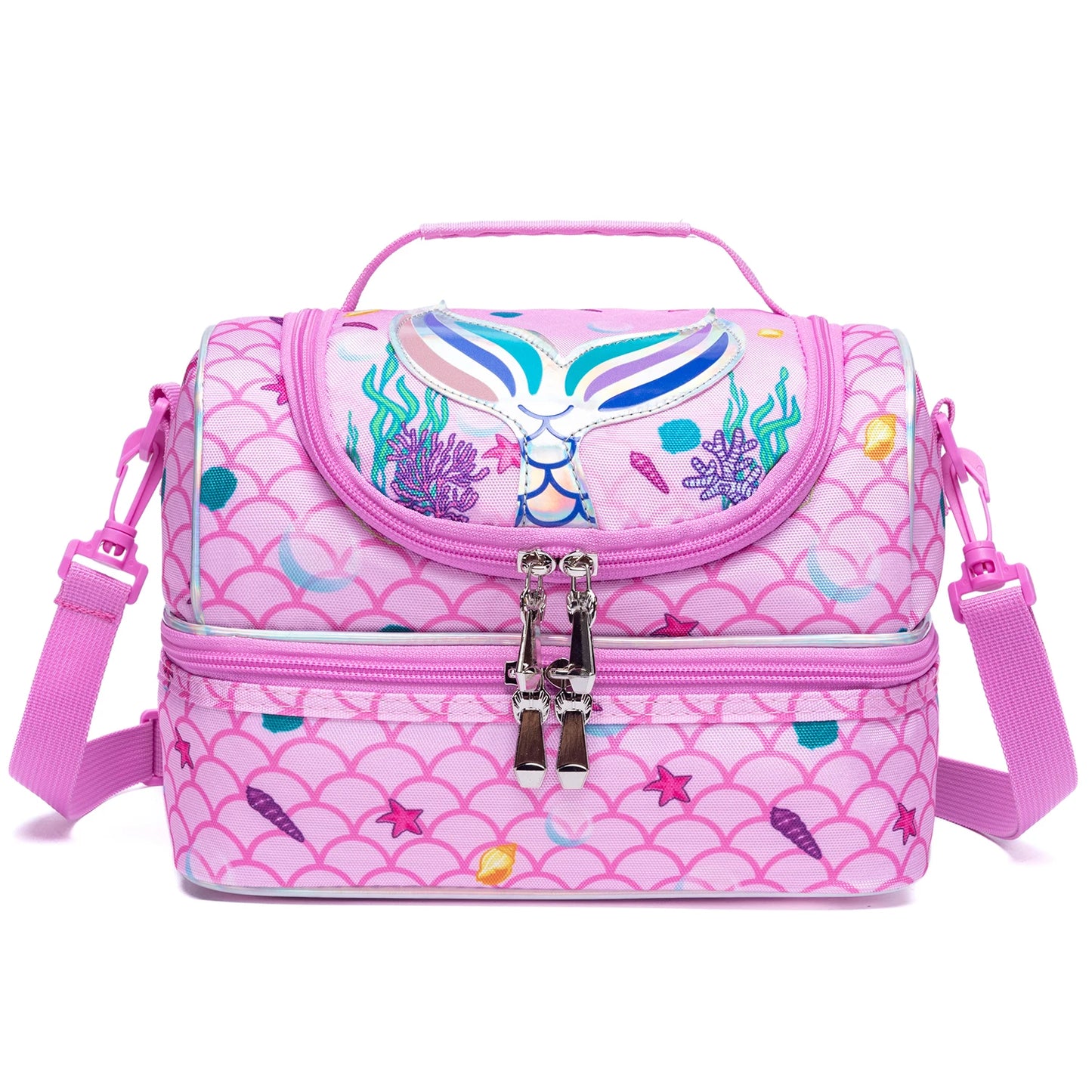Cute Cartoon Animal Double Deck Girls Lunch Bag Portable Insulated Leakproof Lunch Tote with Detachable Shoulder Strap for School Nursery