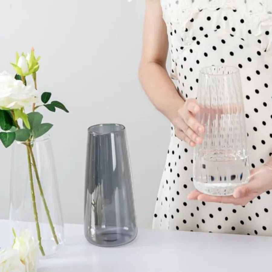 8.3in Glass Vase for Flowers, Ribbed Flower Vase for Table Centerpiece Wedding Home Decor, Modern Glass Vases for Living Room,
