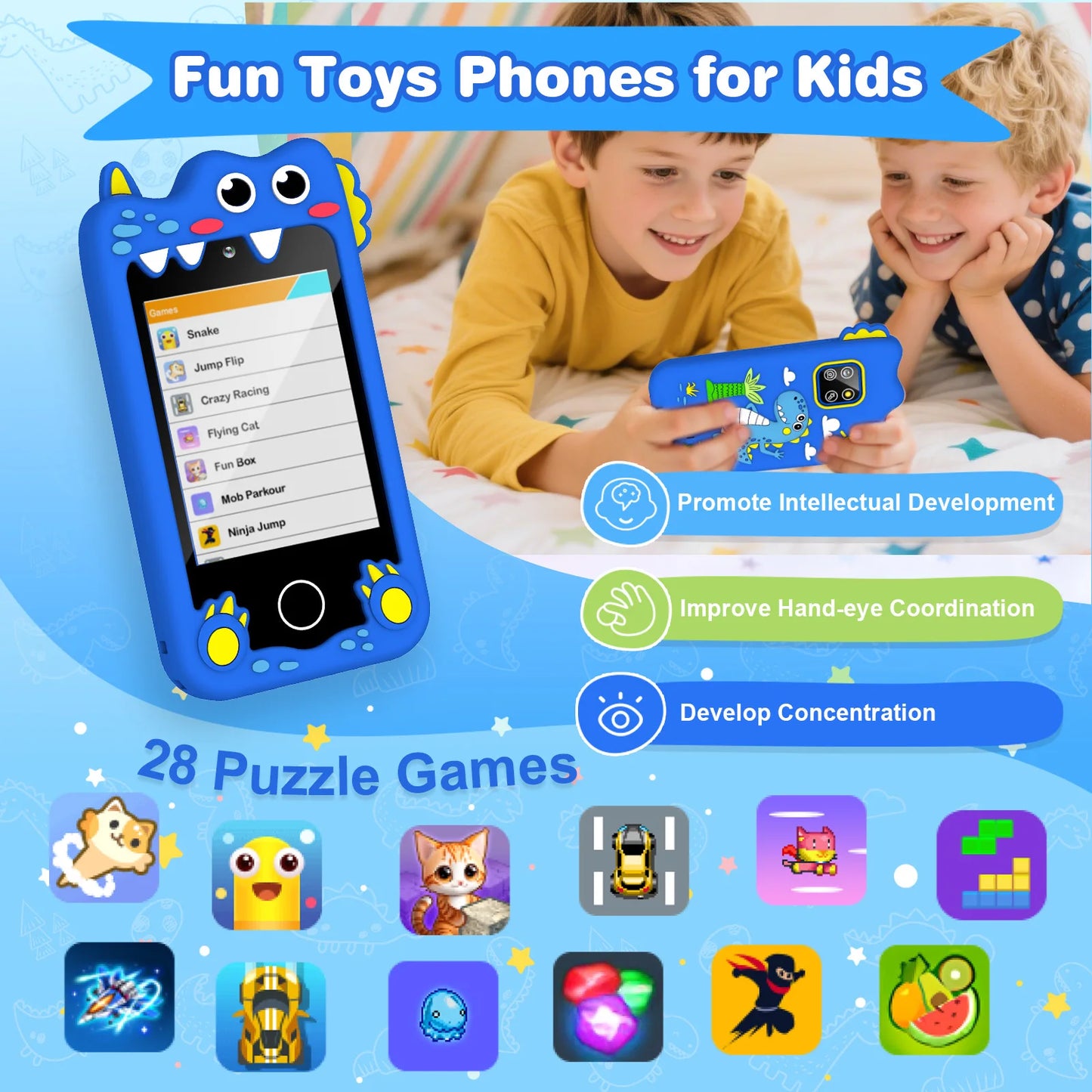 M SANMERSEN Dinosaur Kids Smart Phone for 3-6 Year Olds – 2.8" Touchscreen, Dual Camera, 28 Learning Games, MP3 Music Player, 32GB SD Card – Educational Toddler Phone Toy for Boys & Girls