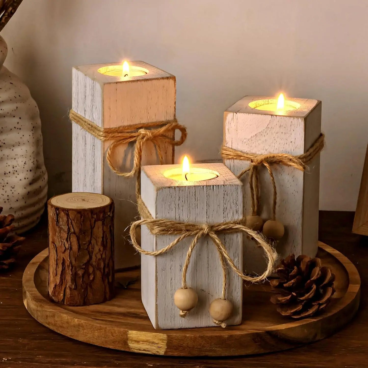 White Farmhouse Candle Holder with Flameless LED Candles Farmhouse Decor 3p| Wooden Candle Holders, White Rustic Farmhouse Decor With Battery Operated for for Valentines Holiday Party Home Decor