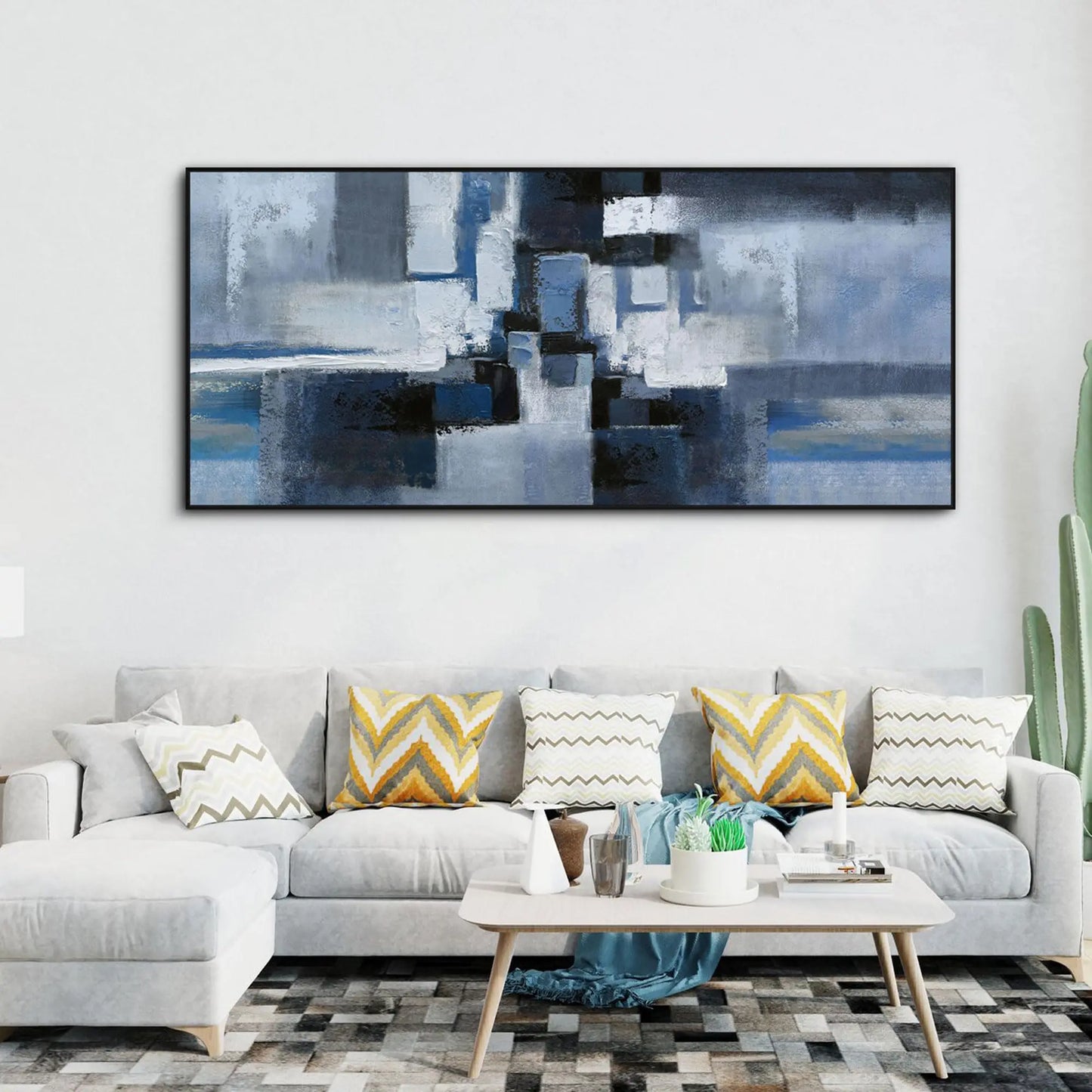 Blue Abstract Canvas Wall Art - Black Frame Artwork Picture Living Room Wall Decor Modern Paintings Large Wall Art for Bedroom Home Decoration