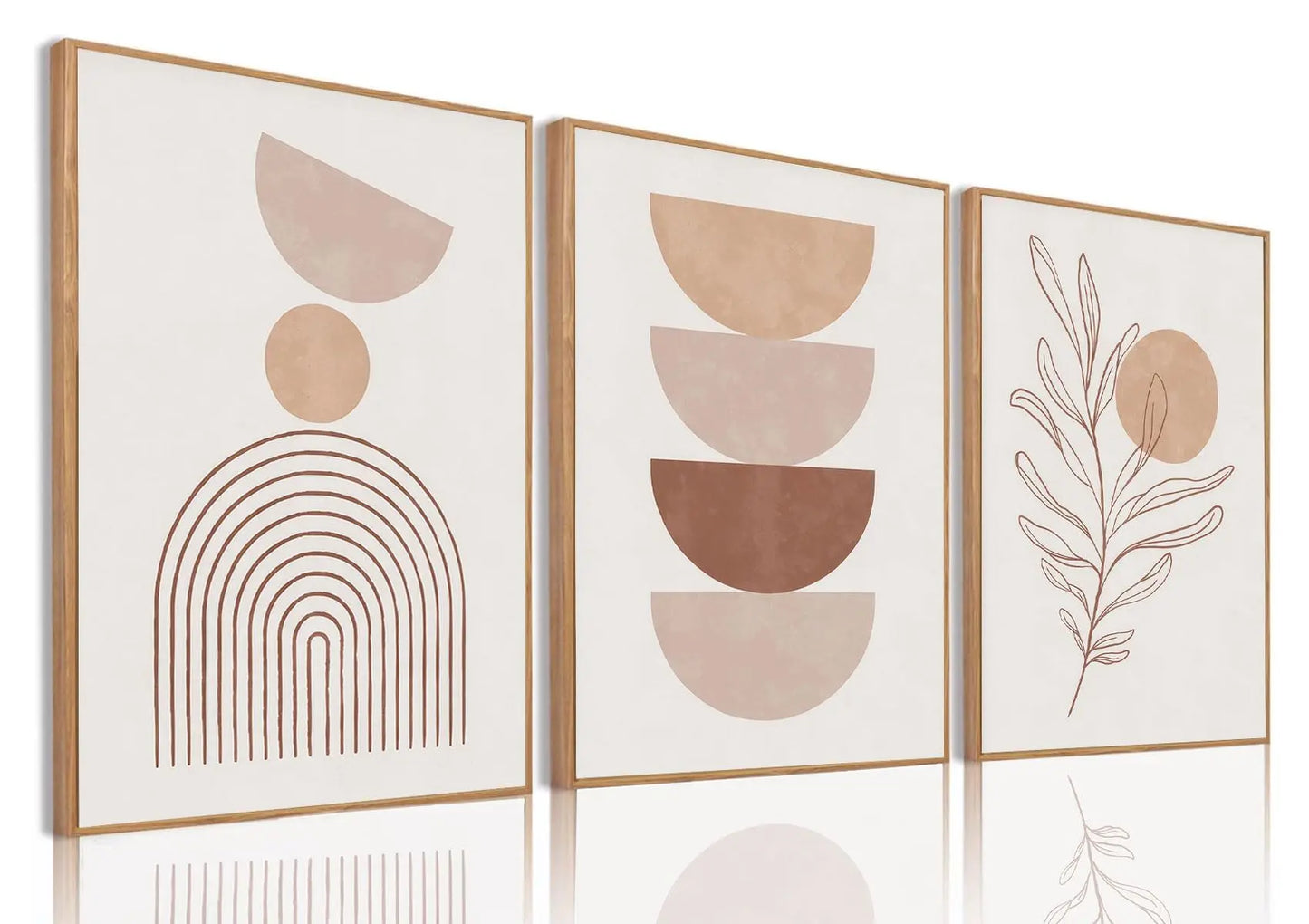 Framed Boho Canvas Wall Art Mid Century Modern Prints Set of 3 Neutral Geometric Line Leaf Paintings Decor Minimalist Abstract Pictures Bedroom Living Room Bathroom