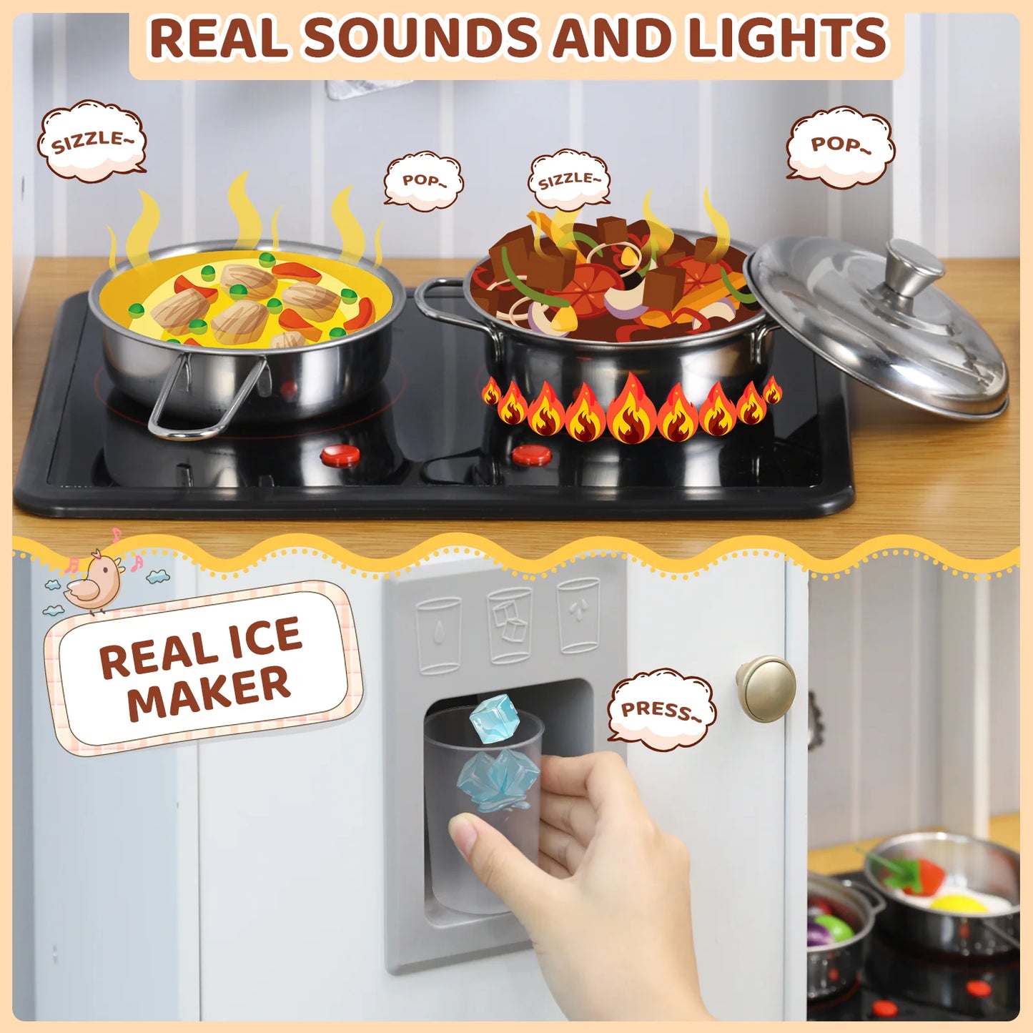 AOOU Wooden Play Kitchen for Kids, Pretend Cooking Toy Playset with Storage & Accessories, Realistic Light & Sound