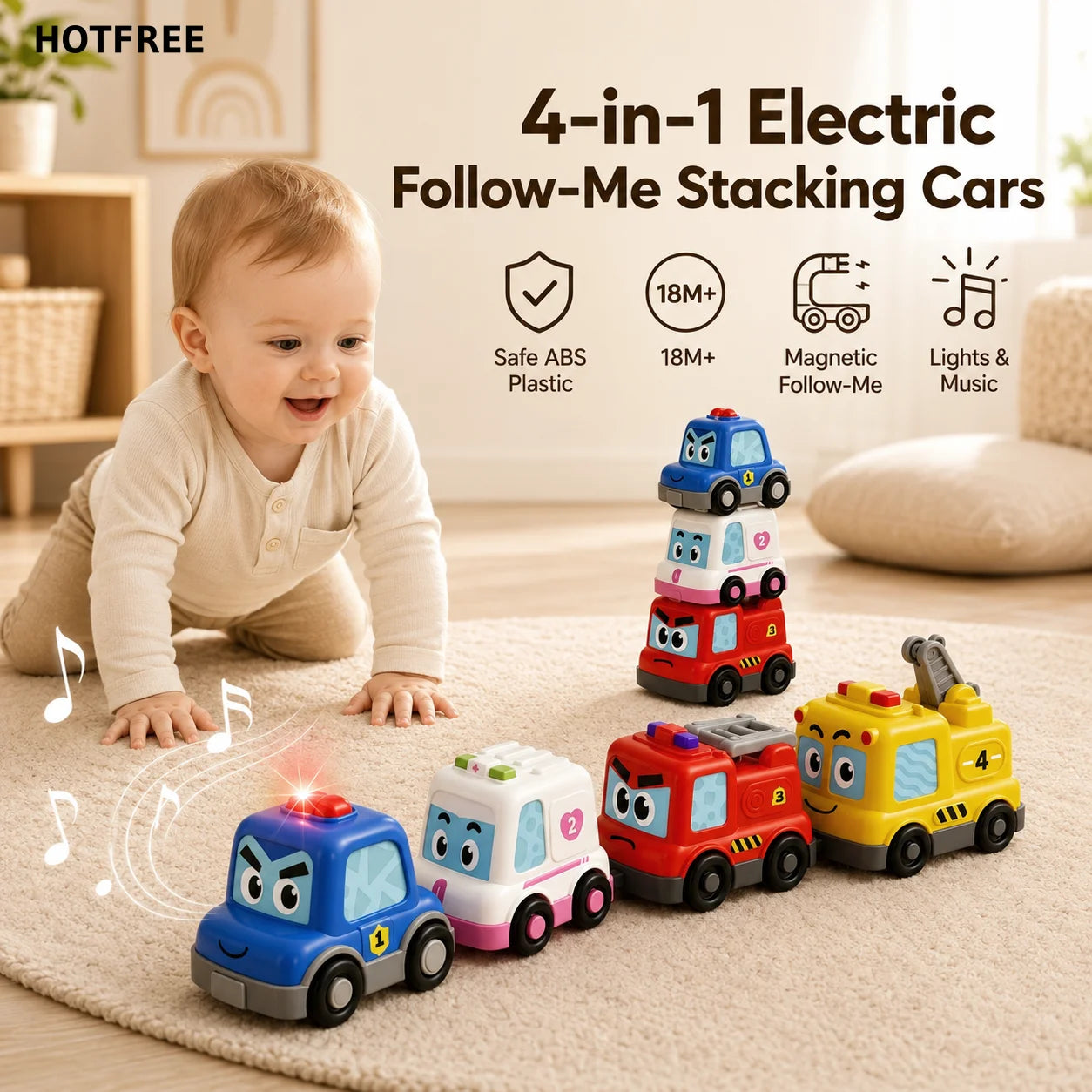 4 in 1 Montessori Toy Cars Set - Stacking Nesting Magnetic Following Toddler Toys 1-2, Sensory Toys with Lights, Music & Cars Toys, STEM Educational Toy, Baby Toys Christmas Birthday Gifts for KIds Boys Girls