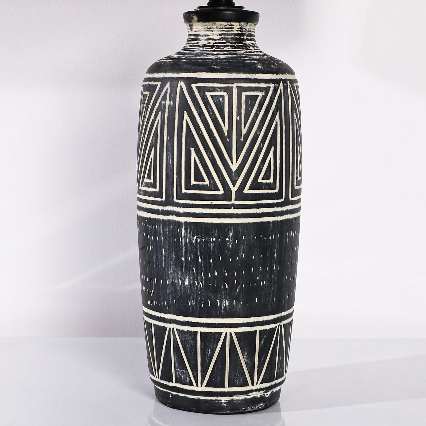 2 Pack 25-Inch Carved Geometric Ceramic Table Lamp With Linen Shade, Southwest's Rustic Accent Lamps For Living Room End Tables