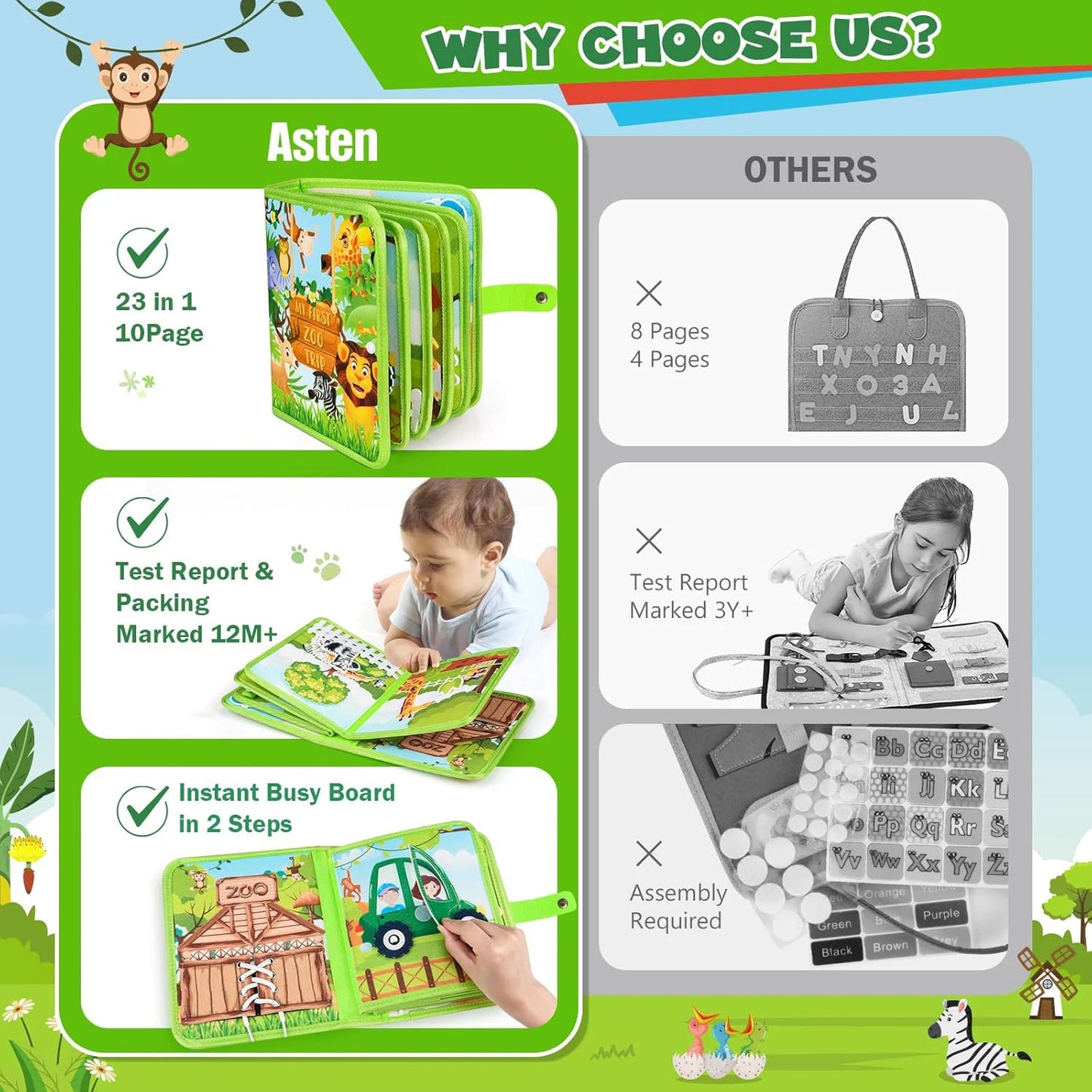 Children's baby Early Education Intelligence Learning baby Toys Felt Learning Board, Busy Board, Busy Book, Cloth Book, Including Life Skills, Alphabet, Numbers, Shapes Colors, Animals, Weather, Toddler Travel Toys, Birthday