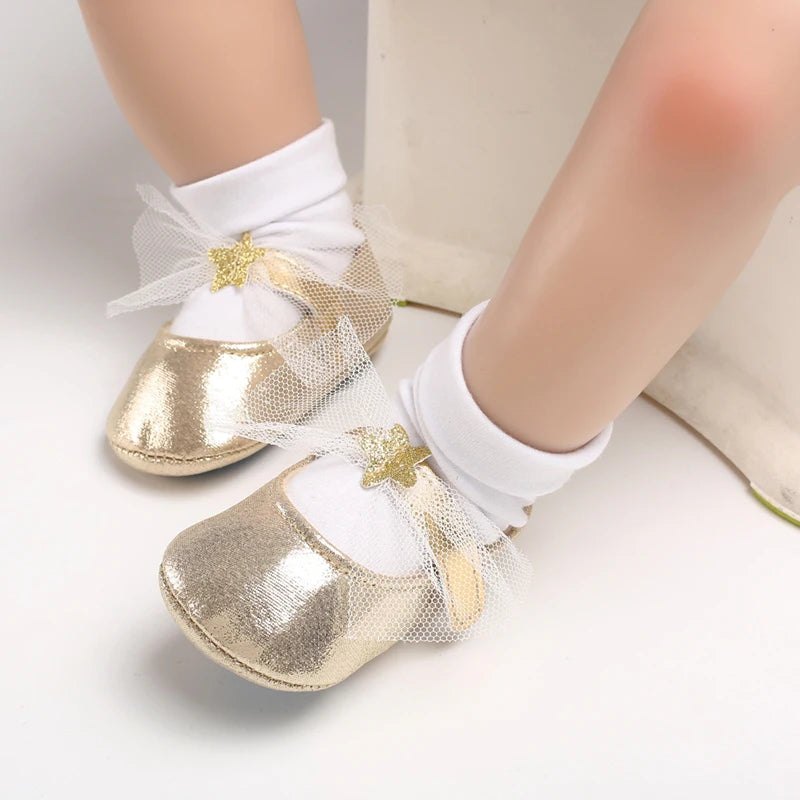 Golden Color Cute Baby Walking Shoes Flat Ballet Footwear with Adjustable Straps for Girls Comfortable First-Time Walk