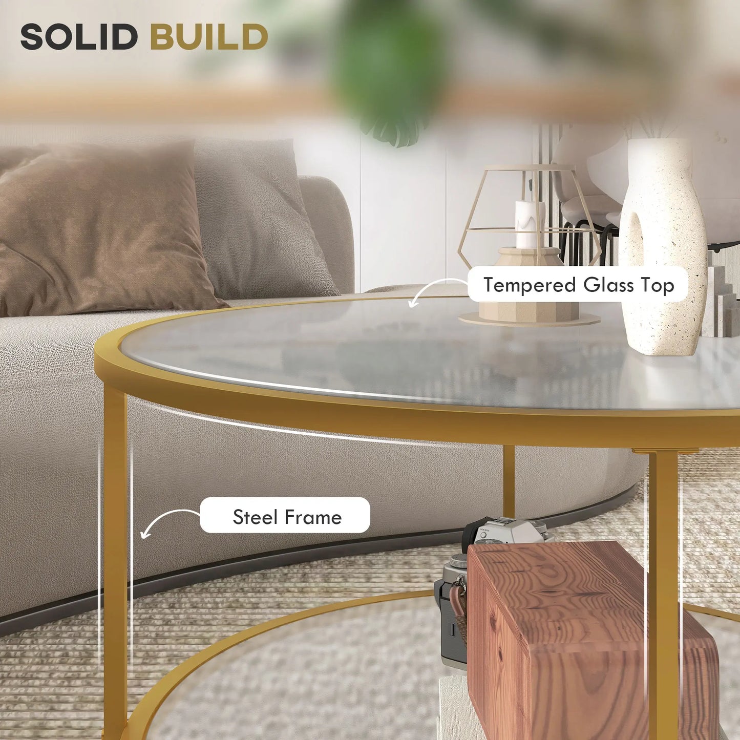 HOMCOM Side Table with Storage, 26" Round End Table, 2-Tier Tempered Glass Coffee Table with Steel Frame for Living Room, Gold