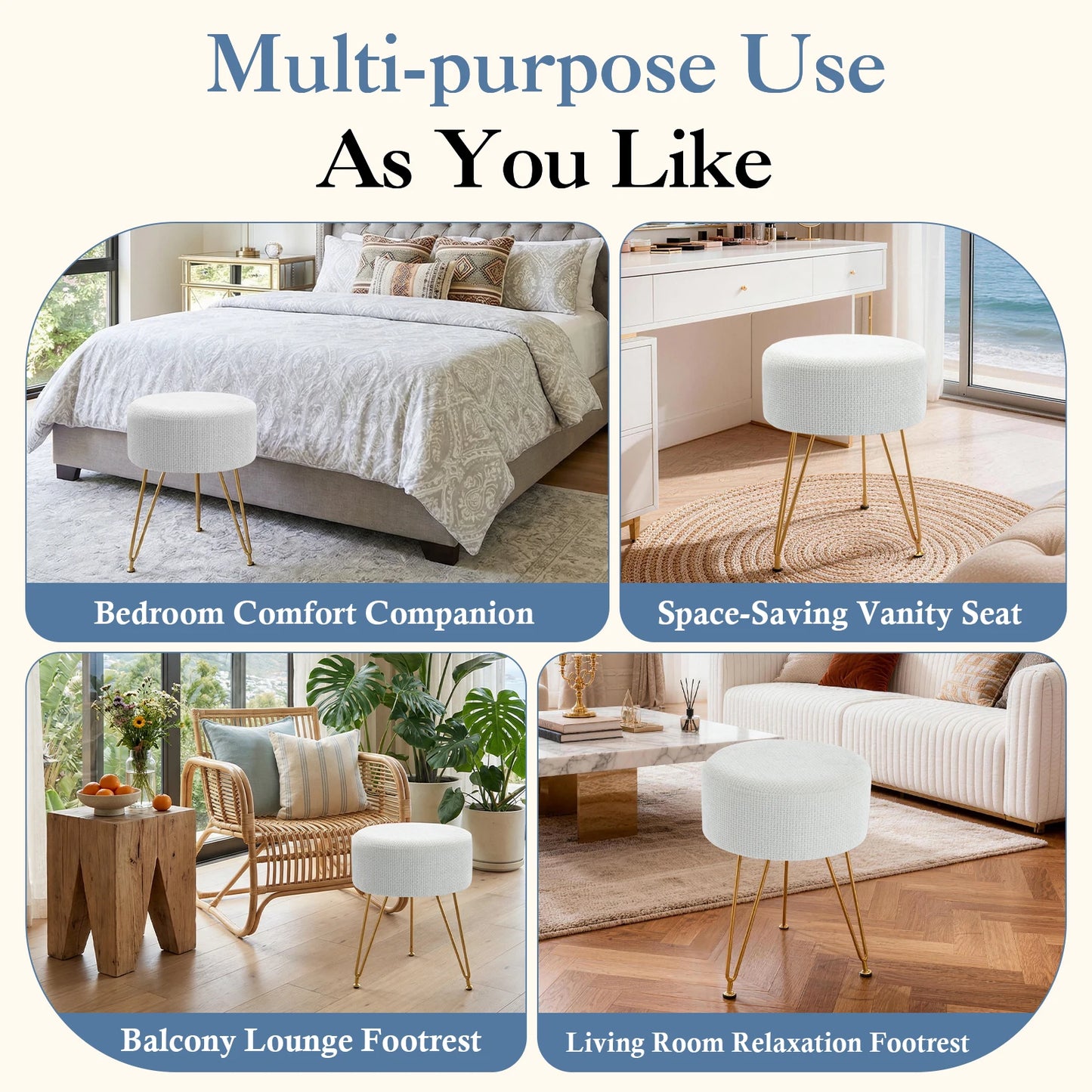 JHK Round Ottoman Velvet Footrest Chair Living Room Vanity Stool with 4CM Thick Cushion 350LBS Heavy-Duty Makeup Stool for Home