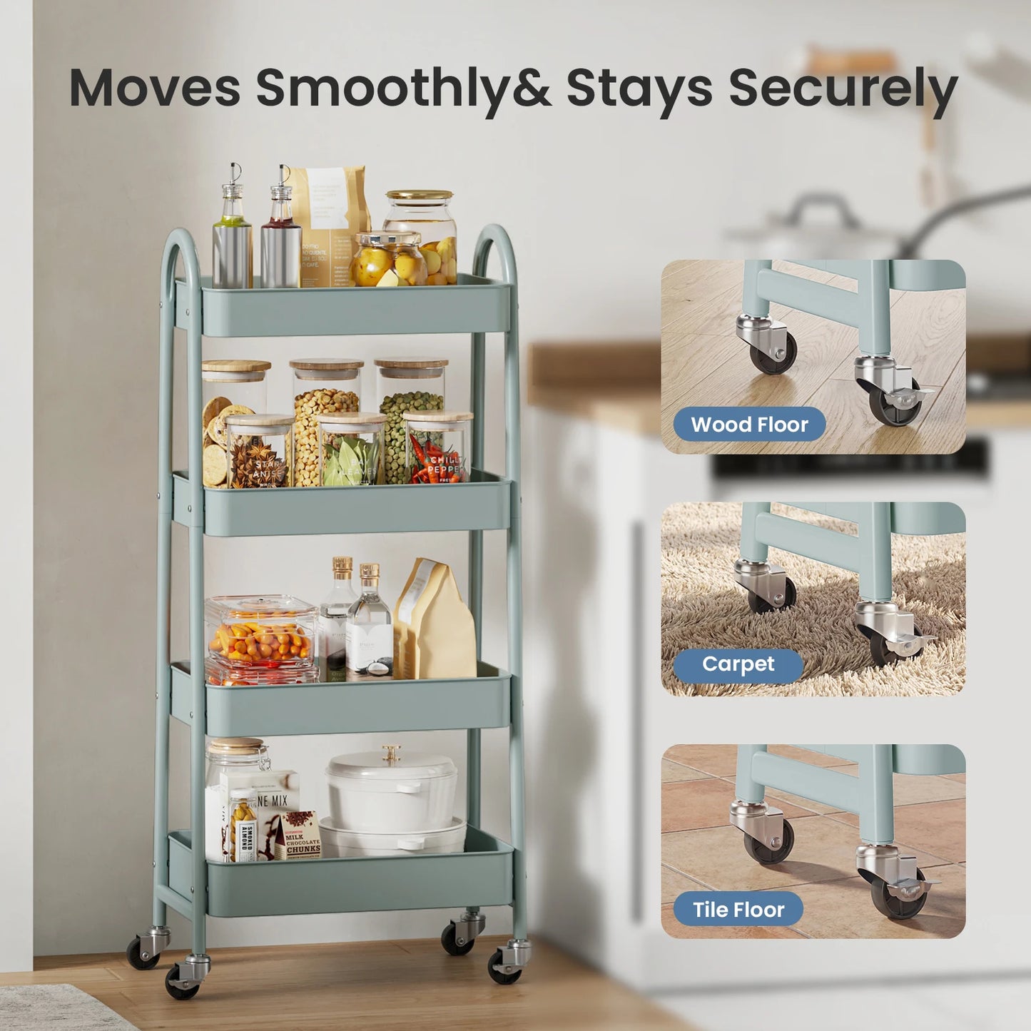 MCQ 4 Tiers Mobile Metal Frame Kitchen Cart Rolling Storage Shelf with Lockable Caster Wheels Organization Utility Cart for Livingroom Kitchen Narrow Places ﻿