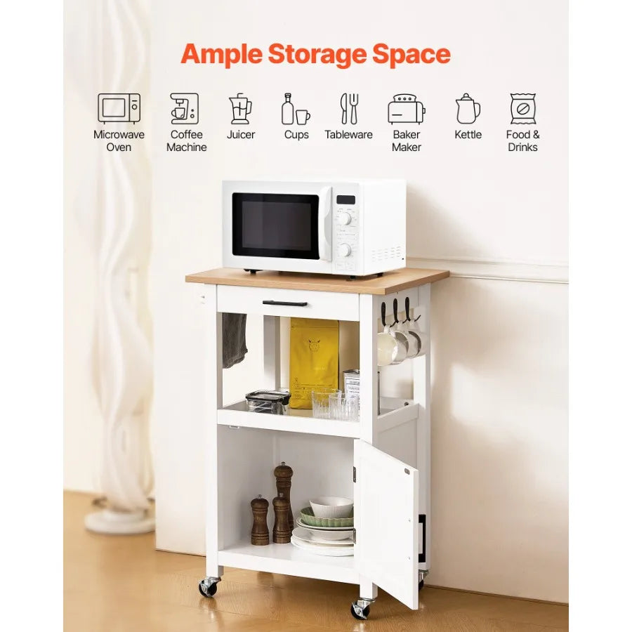 Kitchen Island Cart with Single Door Cabinet Mobile Carts with Drawer Towel Rack Hooks Portable Table on Swivel Wheels Small Co