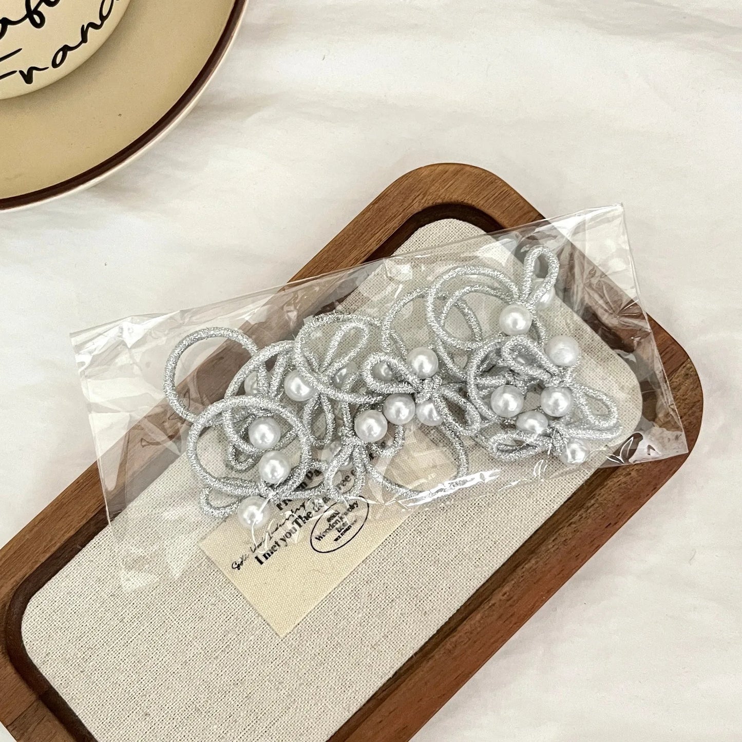 10pcs Korean Silver Pearl Bow Braided Rubber Band for Girls No Damage Hair Small Thumb Hoop Baby Headband Hair Accessories