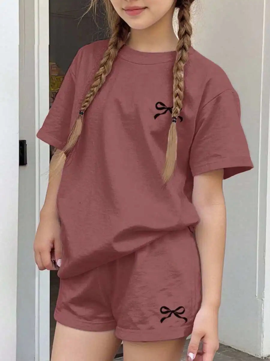 Womens Cherry Bow Print Short Sleeve T-Shirt And Plaid Shorts 2-Piece Set Summer Casual Streetwear Outfit