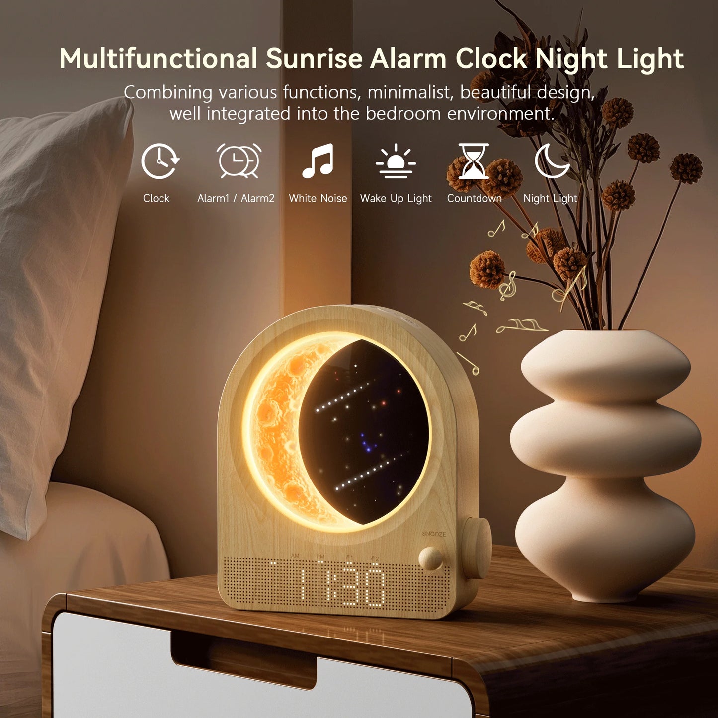 Sunrise Alarm Clocks for Bedrooms, Stepless Dimmable Moon Lamp Dual Alarm Clock with 12Levels Volume for Heavy Sleepers, 10 Natural Sounds with 30/60/90mins Timer, Gifts for Women