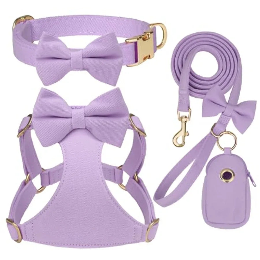 Small dog harness collar leash set for XS dogs, nylon with pink bows, adjustable step-in vest for walking and holiday outfits