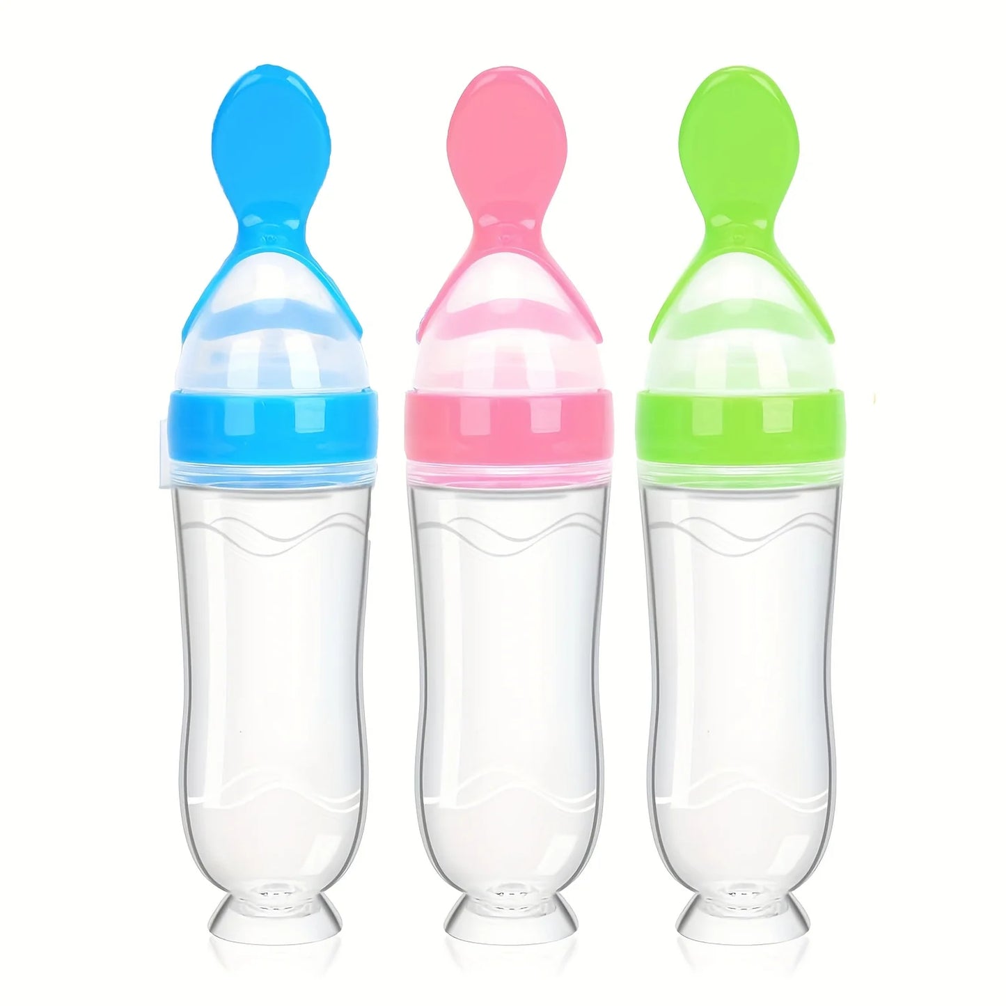 3pcs/2pcs 90ml/3oz Silicone Baby Bottle with Spoon Feeder and Suction Cup,Food Supplement Rice Cereal Squeeze Bottle Spoon Milk Feeding Bottle