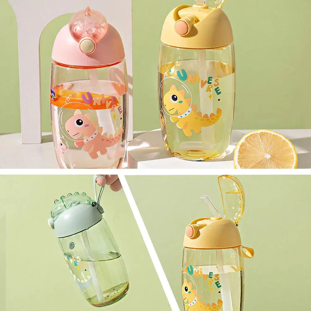 500ml Children's Dinosaur Water Bottle with Silicone Straw Leak Proof Plastic Water Bottle Summer Children's Water Cup