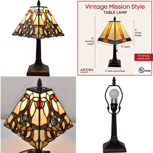 Multicolor Glass Tiffany Style Table Lamp - 15 Frosted White Stained Glass Nightstand Light - Vintage Inspired Desk Lamp