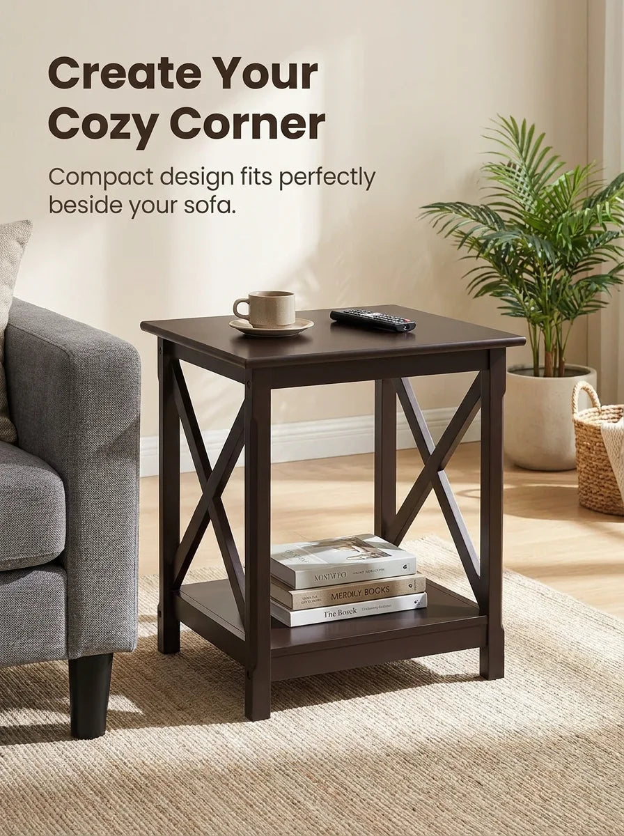 2 Tier End Table with Storage Shelf, Strong X Design Side Table for Living Room, Small Corner Table for Small Spaces
