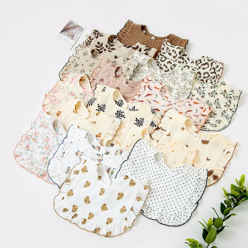 2pcs Floral Print Baby Bibs U-Shaped Snap Saliva Towel Ruffled Edge Muslin Cotton Burp Cloths Rainbow A Grade Feeding Scarf
