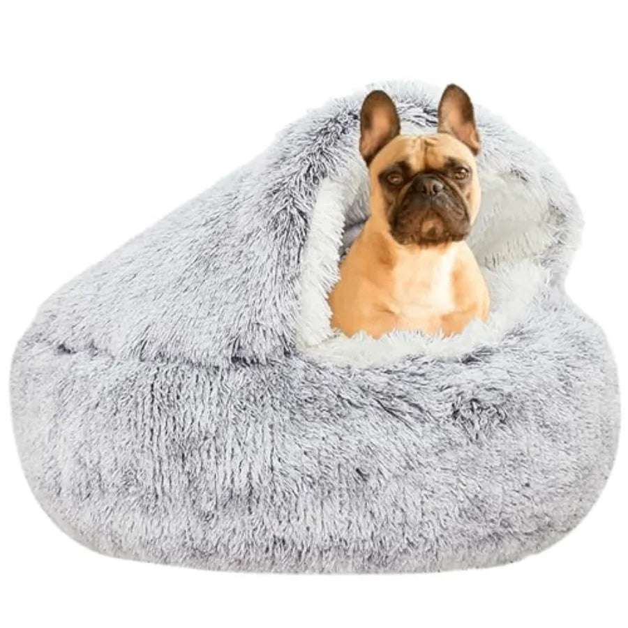 Small Dog Bed Hooded, Cat Cave Bed for Indoor Cats with Covered Hood for Small Dogs Cats Puppy, Plush Faux Fur Enclosed Nest -2