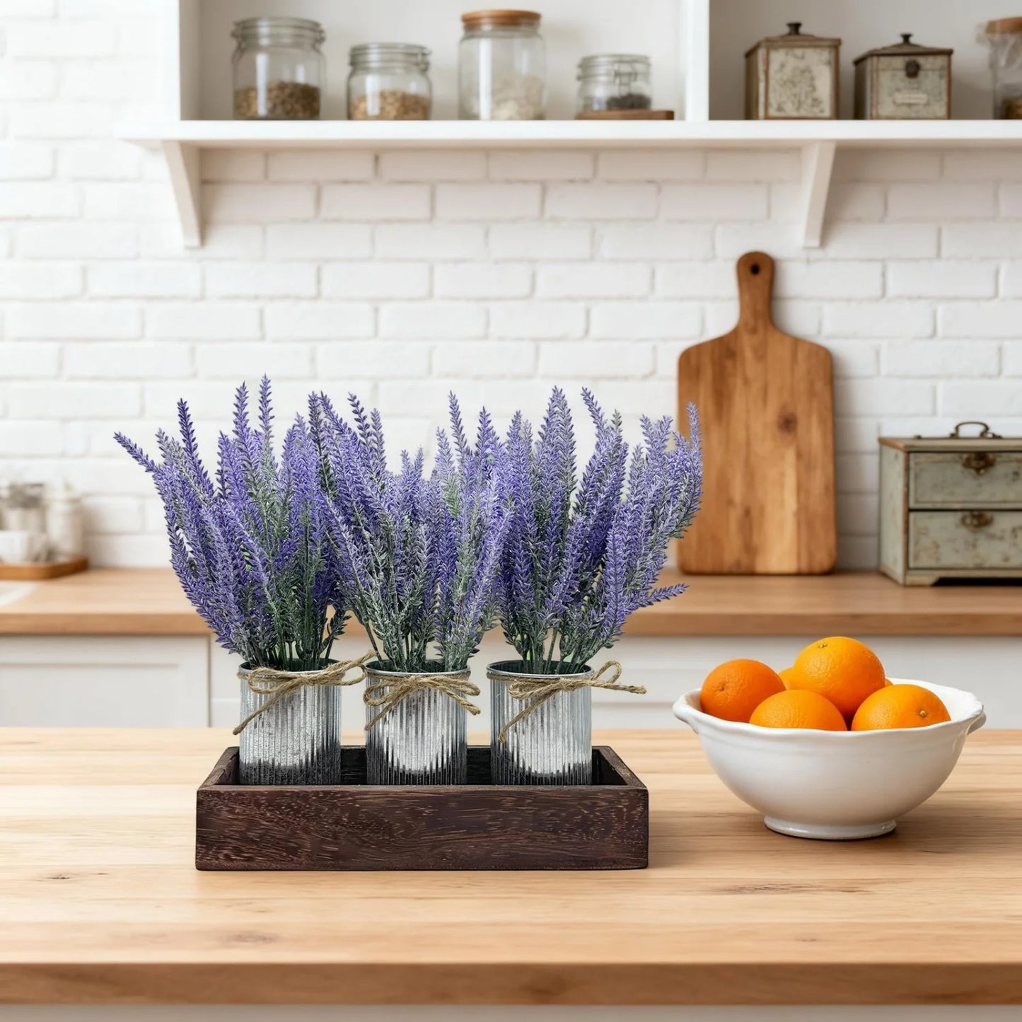 3-Piece Lavender Flowers Artificial with Decorative Wood Tray Set, Small Fake Lavender Plants in Galvanized Metal Pot, Faux Plant Dining Room Table Centerpiece for Kitchen, Coffee Table & Office