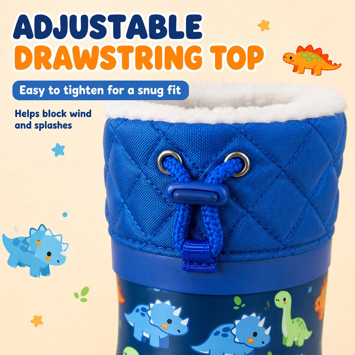 Boys Cartoon Dinosaur Print Kids Rain Boots Fleece Lined Warm Drawstring Cuff Waterproof Anti-slip Rubber Wellies Toddler Winter Water Shoes