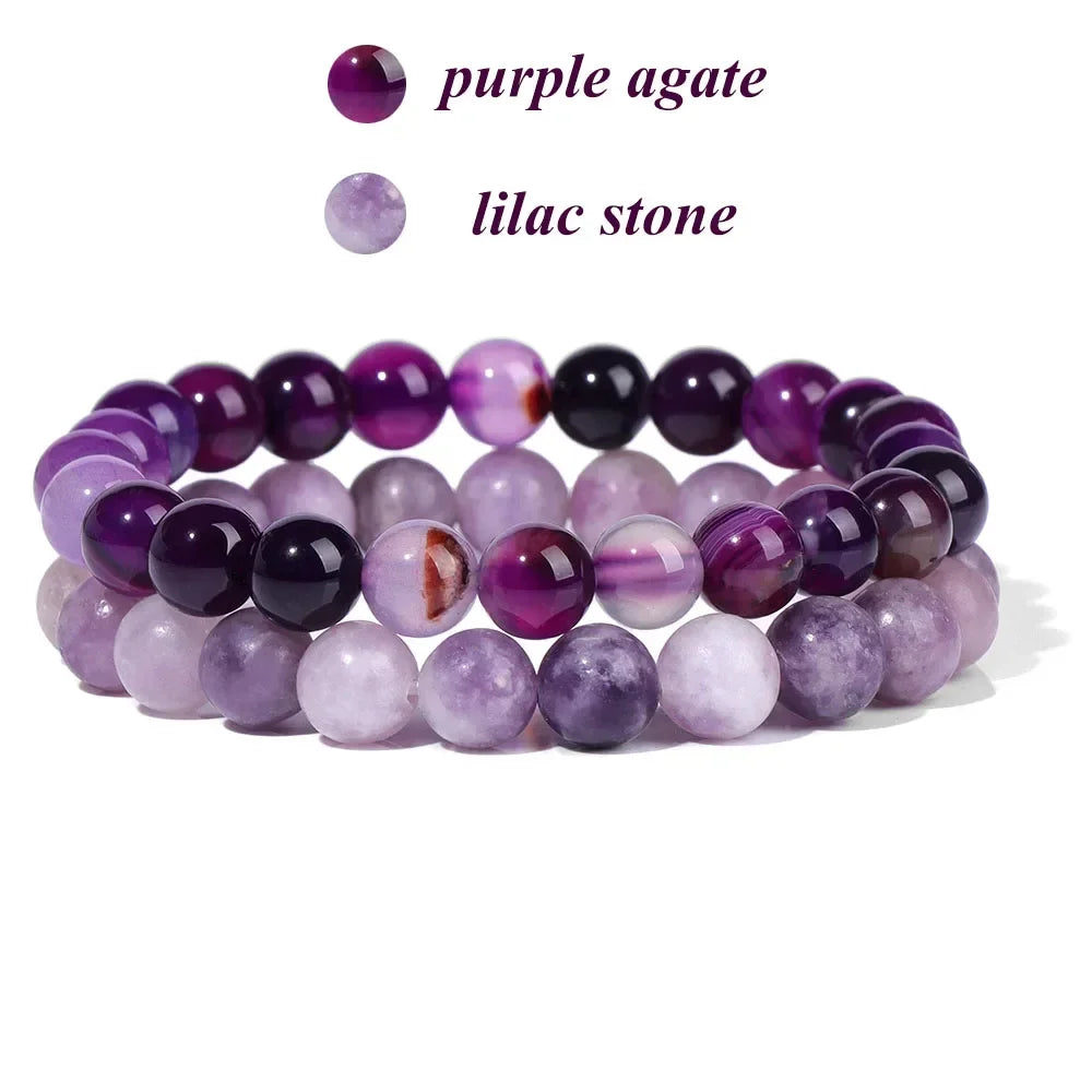 2Pcs Colorful Natural Stone Bead Bracelet Set 8MM Natural Agates Turquois Amethysts Quartzs Gem Stretch Bangle Jewelry Gift
