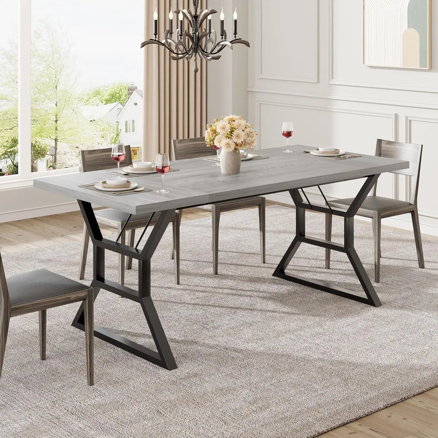 Rectangular Dining Table for 6 People,Farmhouse Wood Kitchen Tables with Metal Legs for Restaurant, Outdoor Table for Party