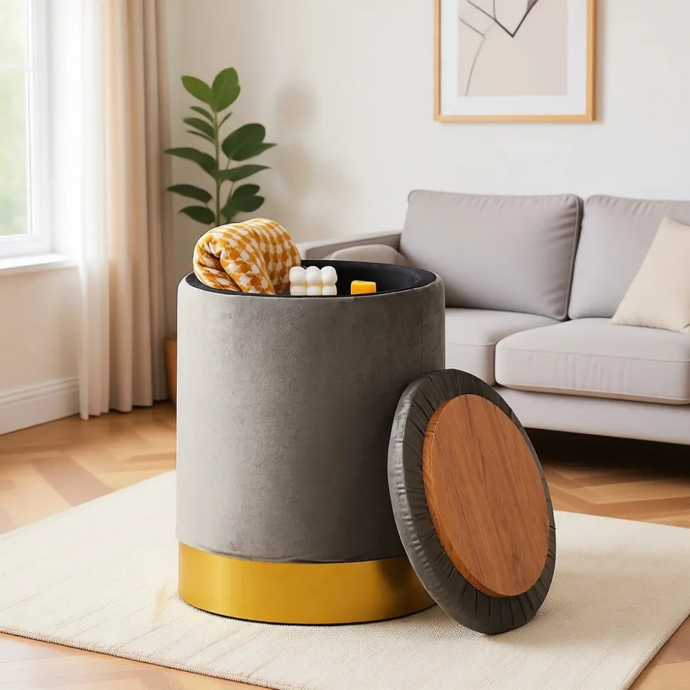 Multipurpose Velvet Ottoman Footrest with Metal Base, Padded Seat Supporting 300 lbs for Living Room (Grey)
