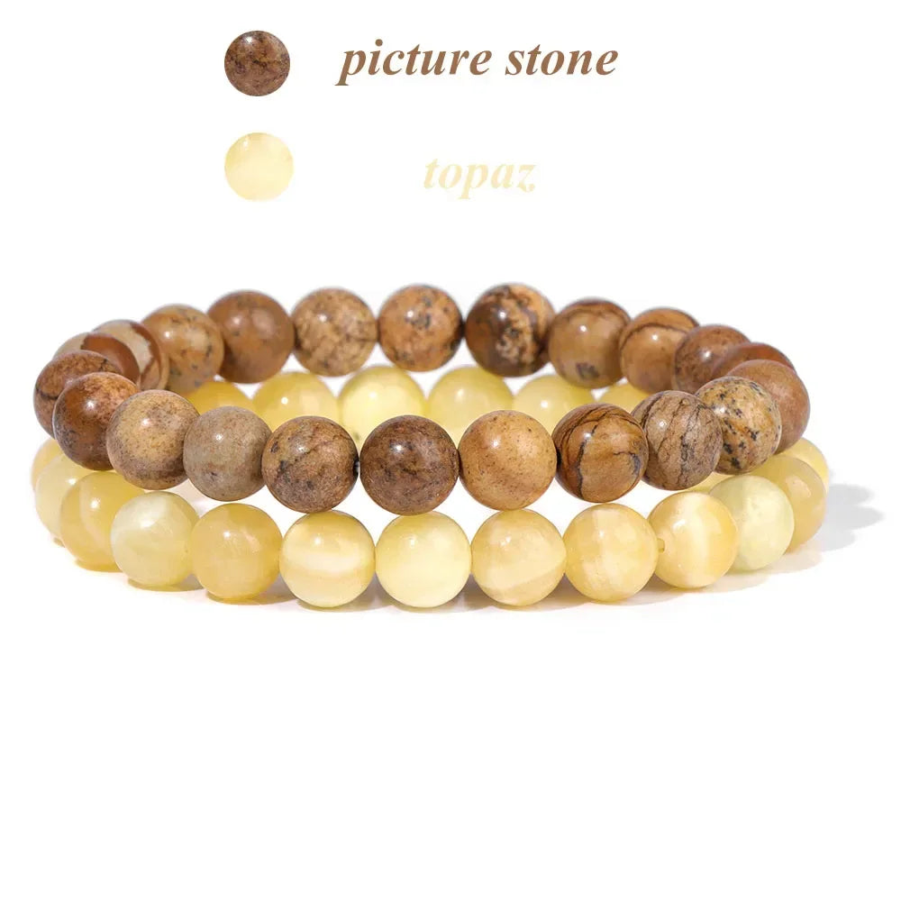 2Pcs Colorful Natural Stone Bead Bracelet Set 8MM Natural Agates Turquois Amethysts Quartzs Gem Stretch Bangle Jewelry Gift