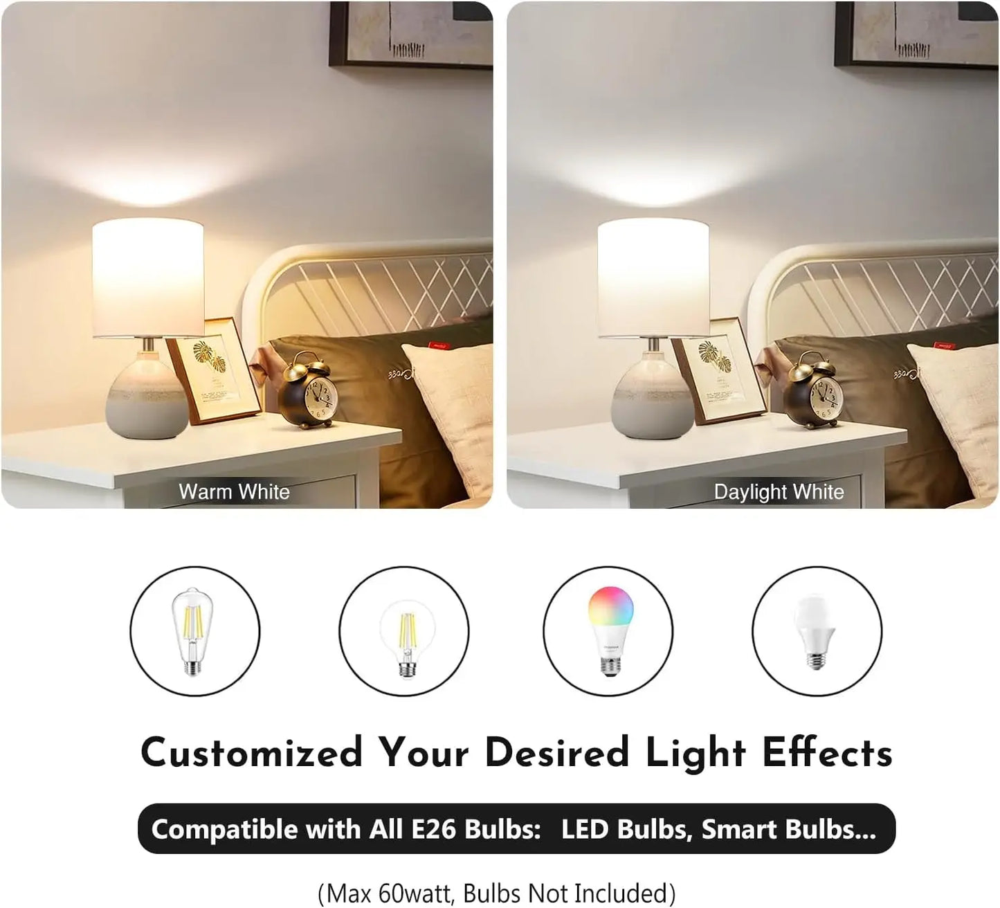 Ceramic Table Lamp Set of 2 for Bedroom, White Farmhouse Lamps with Linen Shade, 13.7IN Nightstand Lights for Living Room