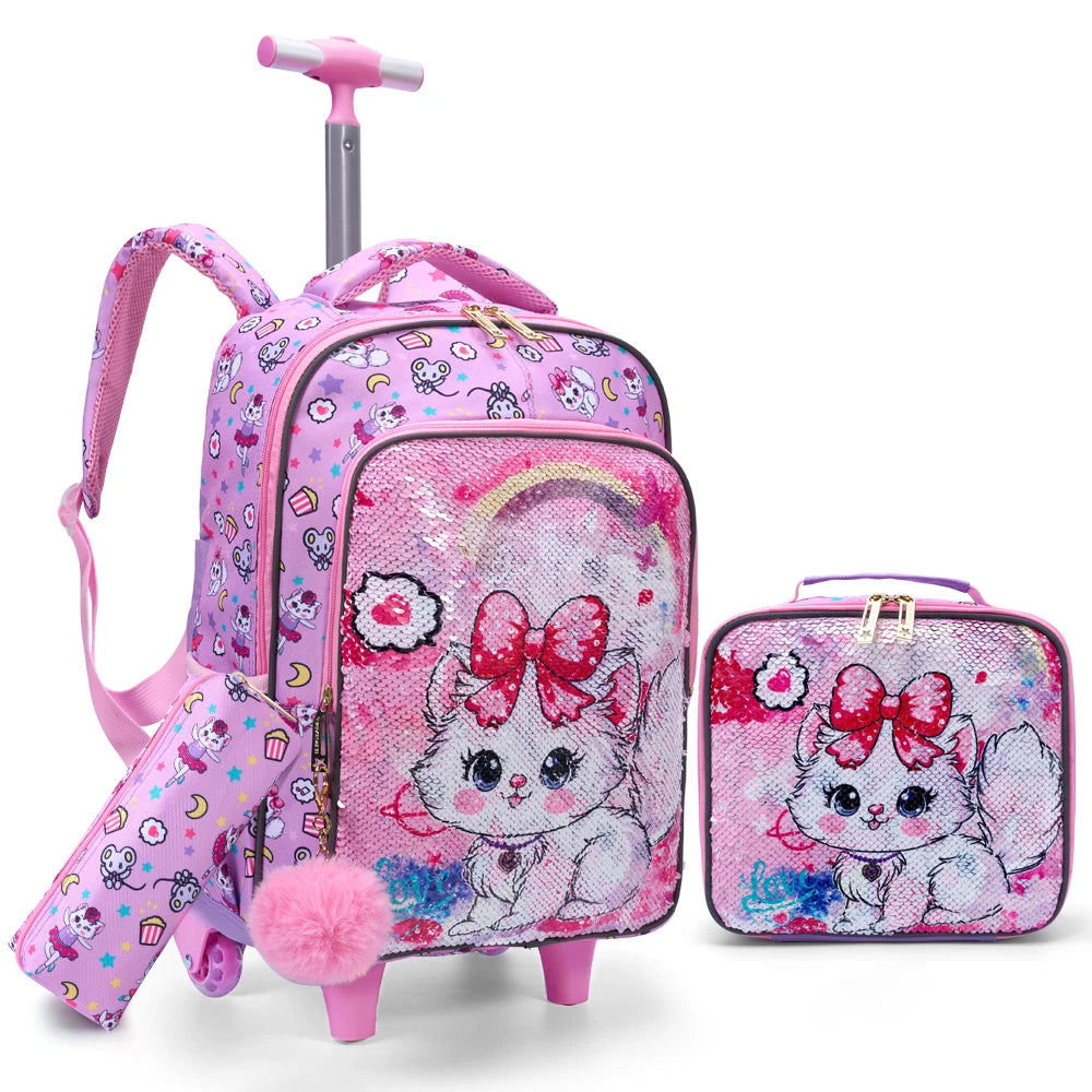 3PCS Kids travel bag, Luggage Bag, Bookbag with wheels, With Lunch Box And Pen Bag, Pink Cat sequin, Nighttime reflective