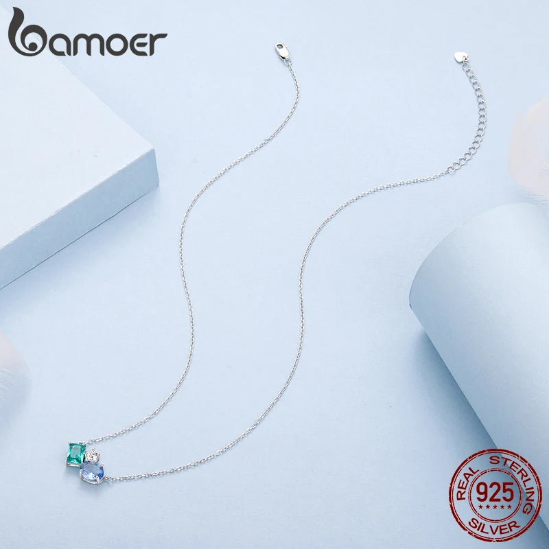 Bamoer 925 Sterling Silver Necklace Blue Green Stone  White Gold Zirconia Pendant Adjustable Chain for Women Fine Jewelry Gift