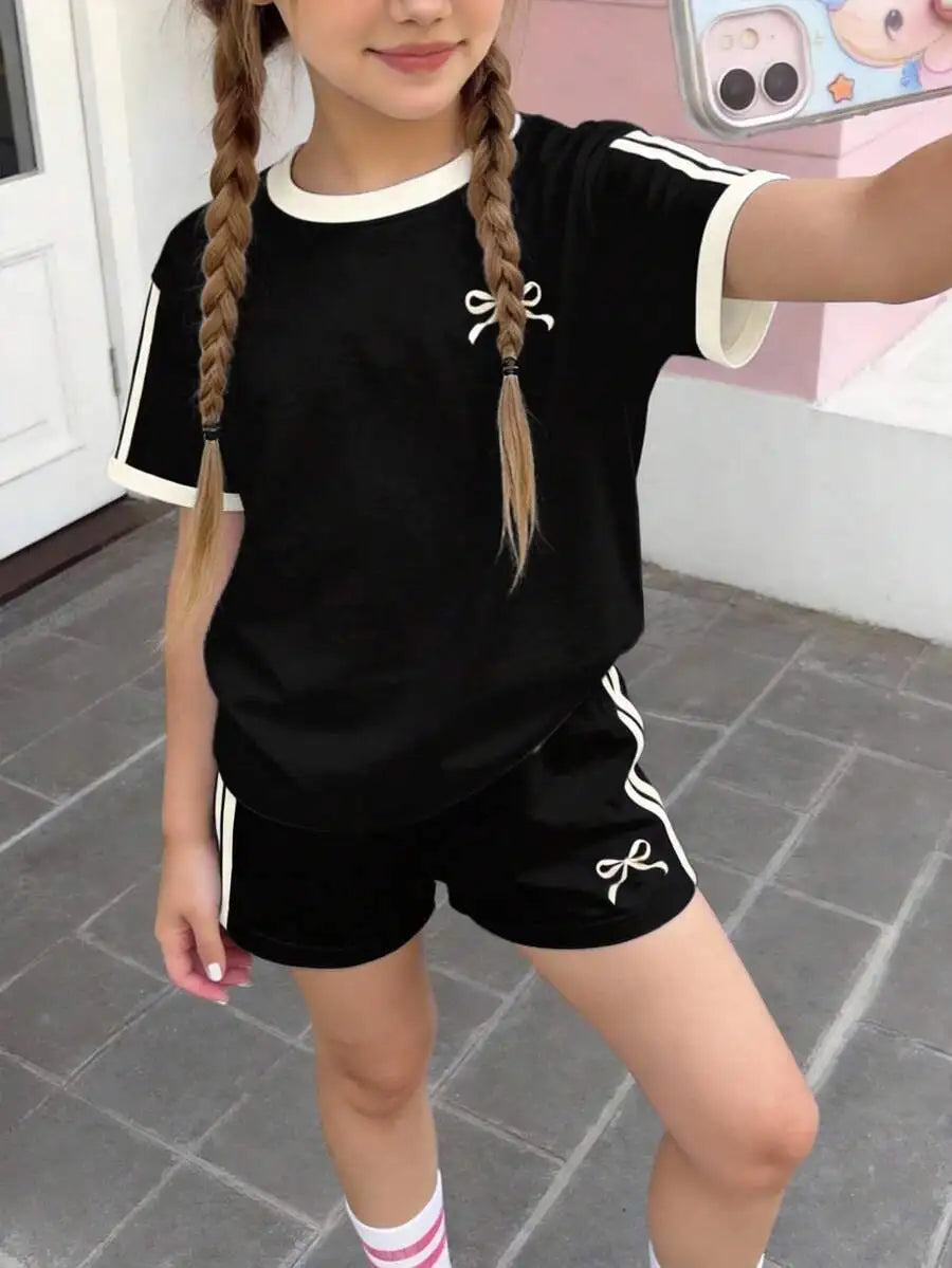 Womens Cherry Bow Print Short Sleeve T-Shirt And Plaid Shorts 2-Piece Set Summer Casual Streetwear Outfit