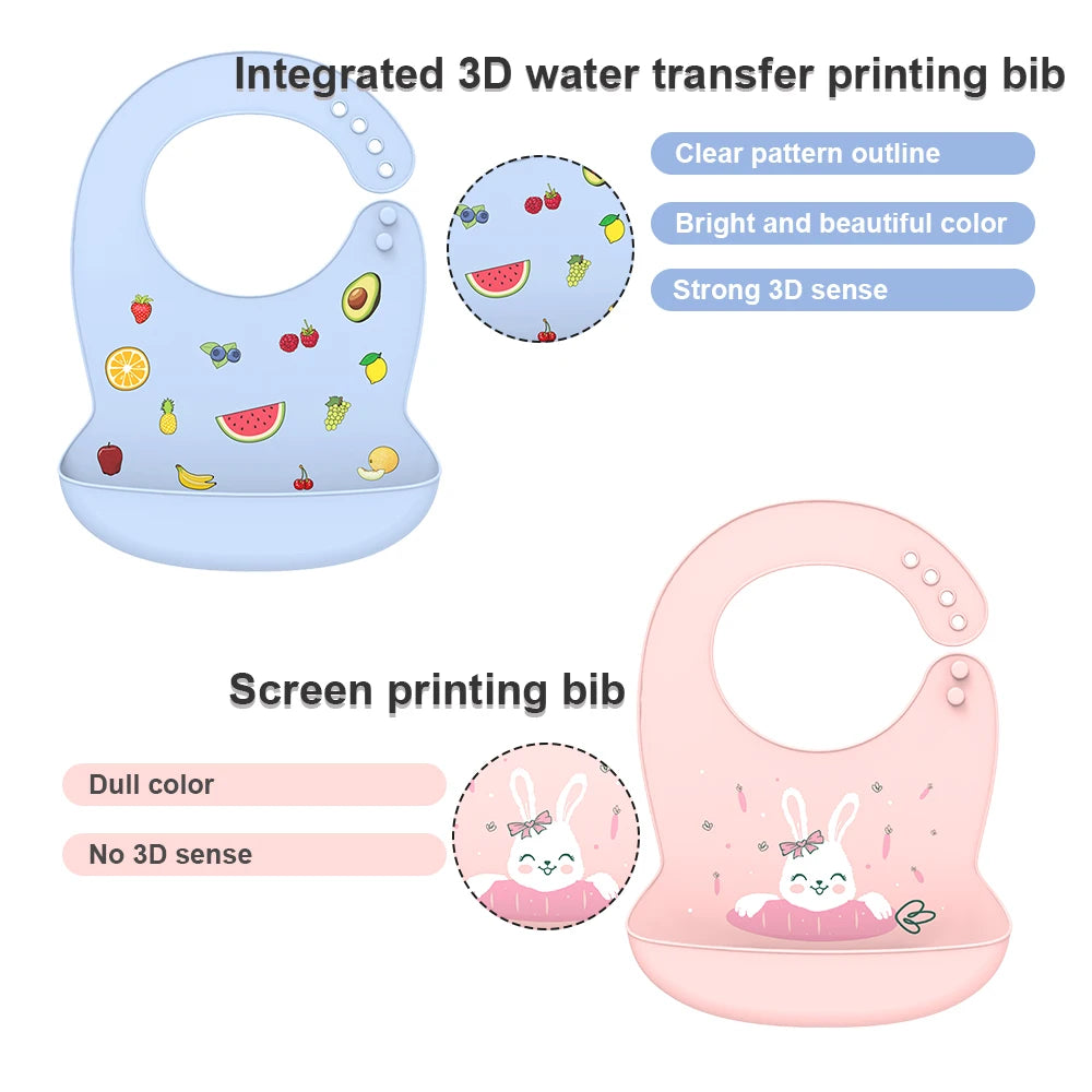 Silicone Baby Bib Waterproof Drool Catcher Cartoon Newborn Feeding Soft Edible Bib Adjustable Baby Burp Cloth