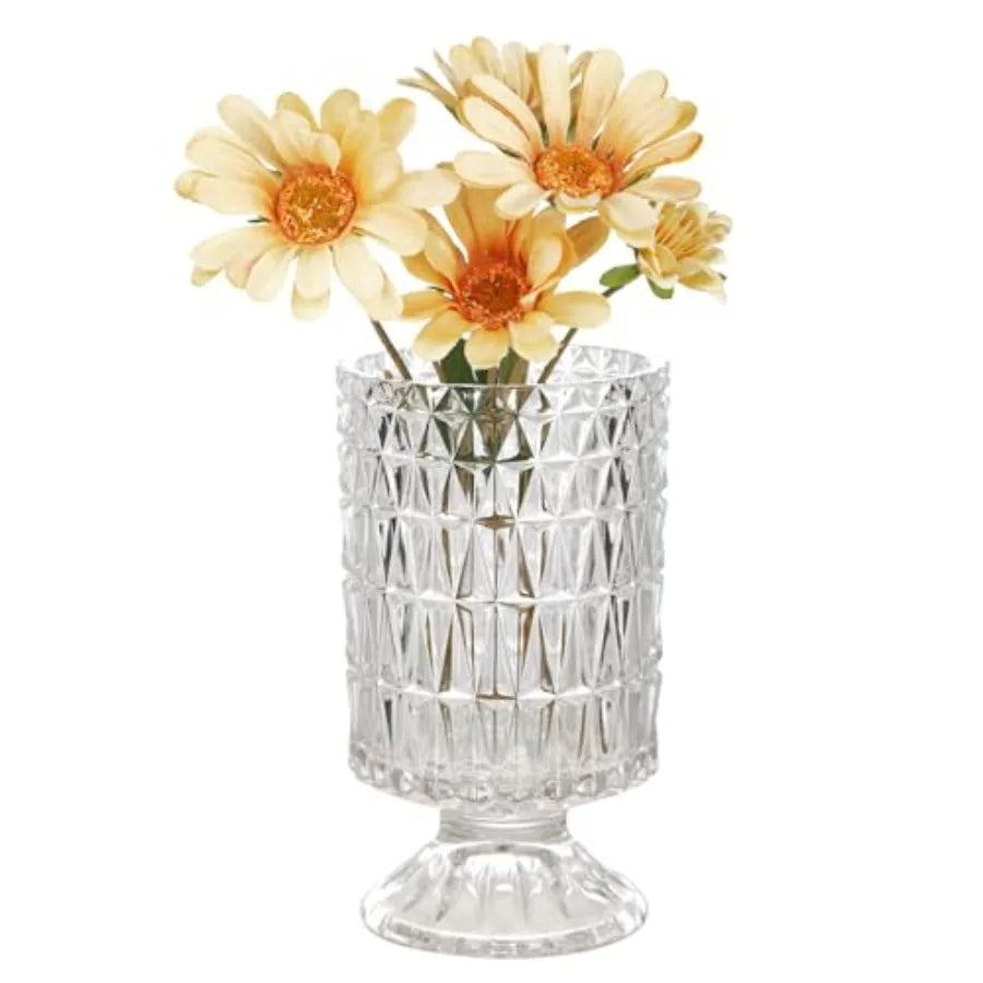 Pedestal Base Glass Vase Wide Mouth vases for Flowers, Embossed Flower Vase Decorative for Home Office Wedding Holiday Party