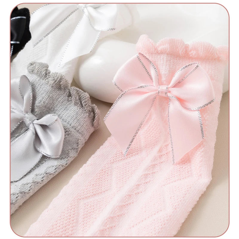 1pcs Girls Knee High Socks Spring Summer Baby Kids Toddlers Long Soft Cotton Socks Student Lace Bow Childrens Lolita Style Socks