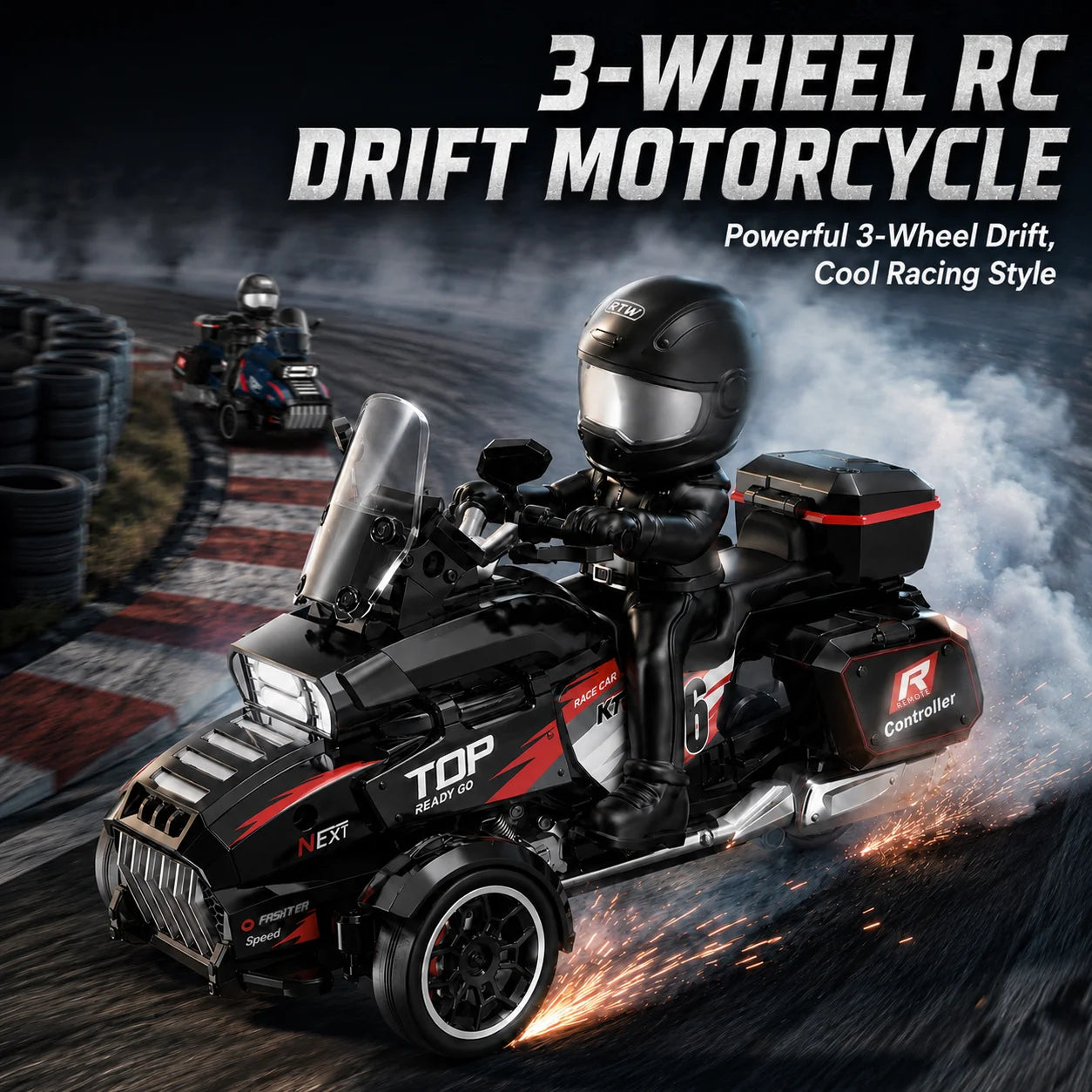 1/43 RC Drift Motorcycle, 2.4GHz Remote Control 3-Wheel Drift Trike with Detachable Rider Figure, LED Lights, High-Speed Racing Motorcycle Toy, Mini RC Car, USB Rechargeable, Birthday Christmas Gift for Kids Boys Adults
