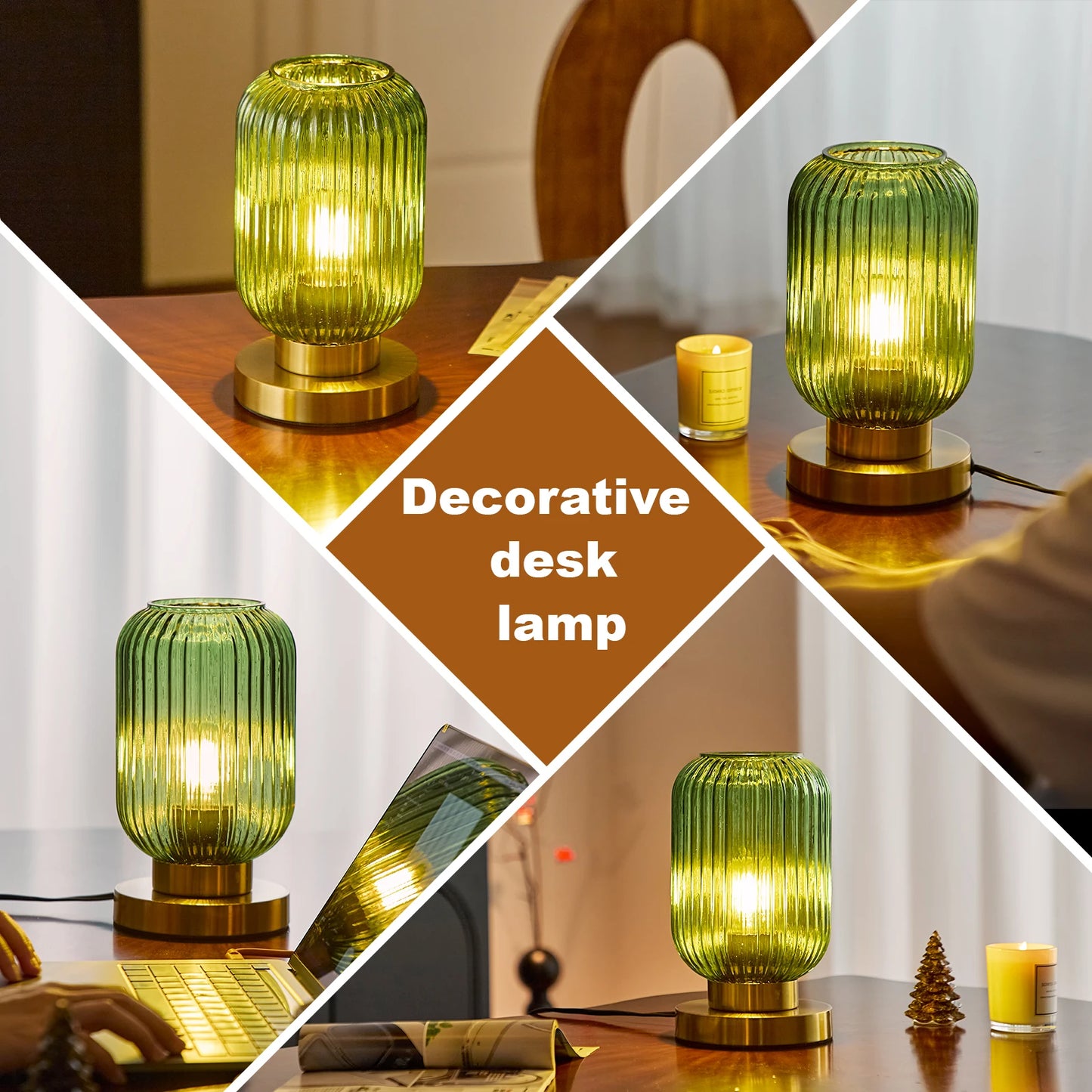 HSMKL Modern Ribbed Glass Table Lamps Mid Century Bedside Light Small Nightstand Lamp with Plug-in Style for Bedroom Living Room