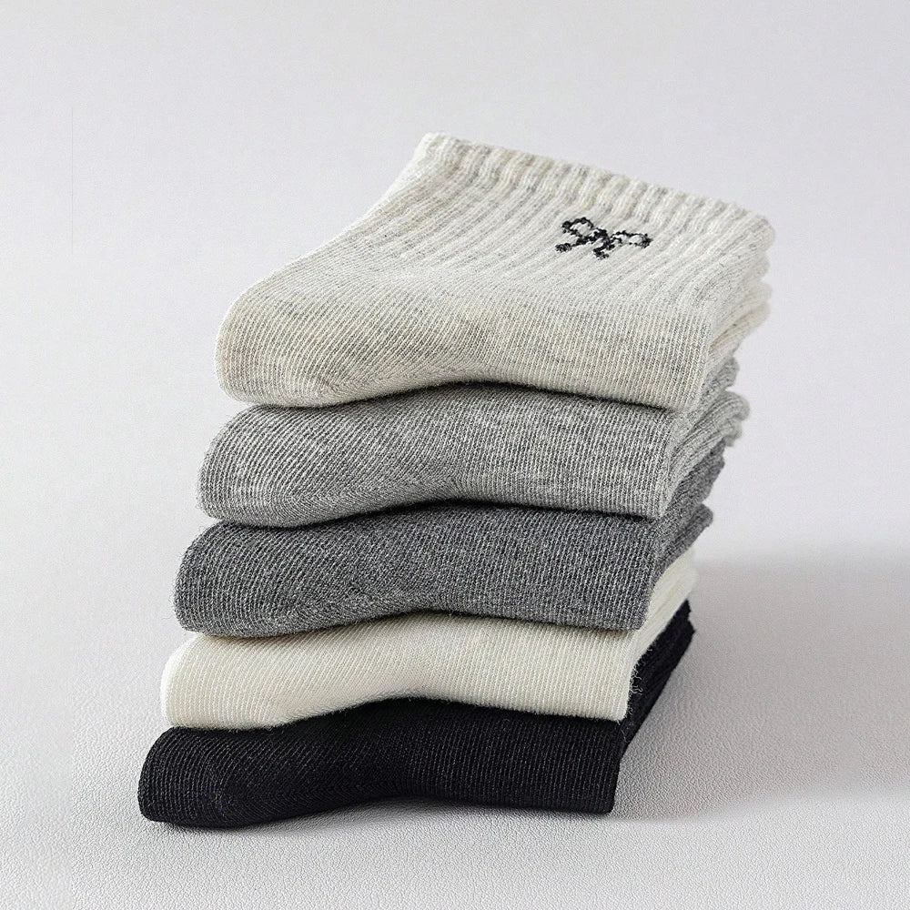5 pairs  girls' plain-colored with bow-patterned socks, cute and casual, suitable for daily use and travel, kid's  mid-calf sock