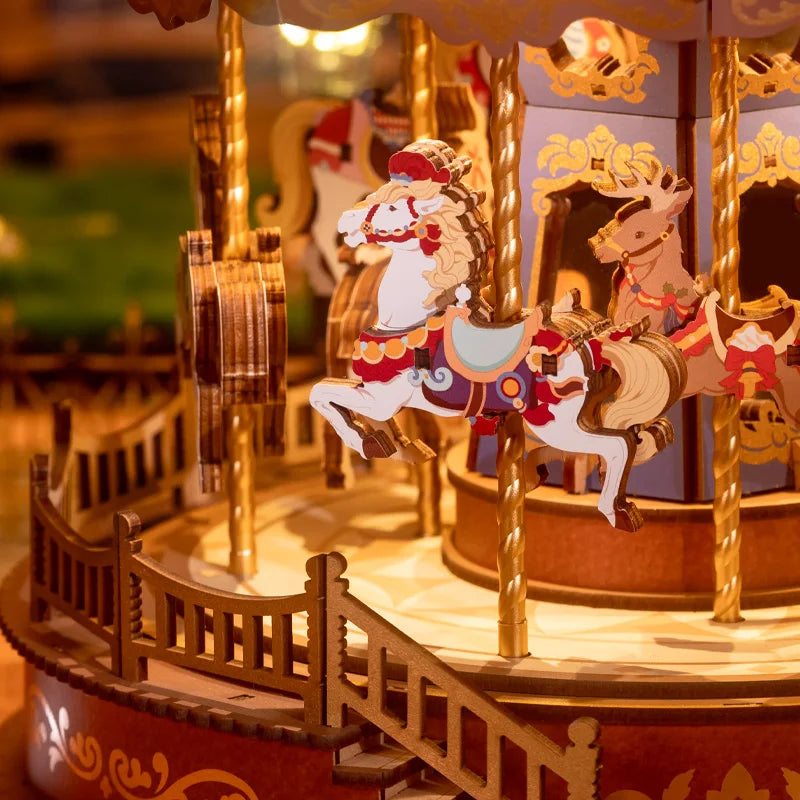 3D Wooden Puzzle Carousel Music Box With LED Lights Gear Model Building Construction Craft Kits Xmas Gifts for Adult
