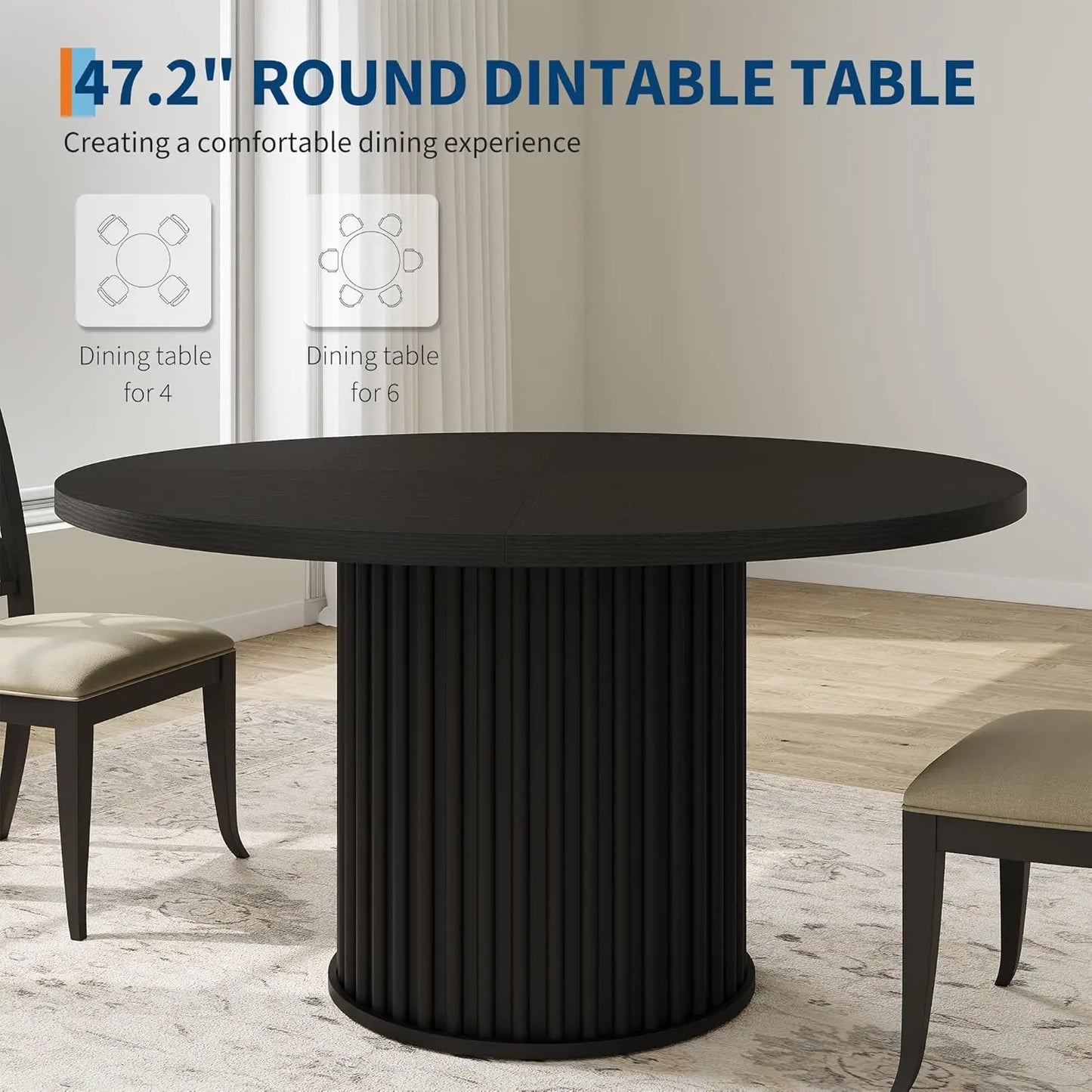 47.24 Inch Black Round Dining Table For 4 To 6 People Modern Fluted Barrel Base Made Of MDF And PB Sturdy Circle Dining Room Furniture And Kitchen Table