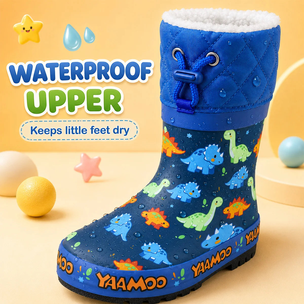 Boys Cartoon Dinosaur Print Kids Rain Boots Fleece Lined Warm Drawstring Cuff Waterproof Anti-slip Rubber Wellies Toddler Winter Water Shoes