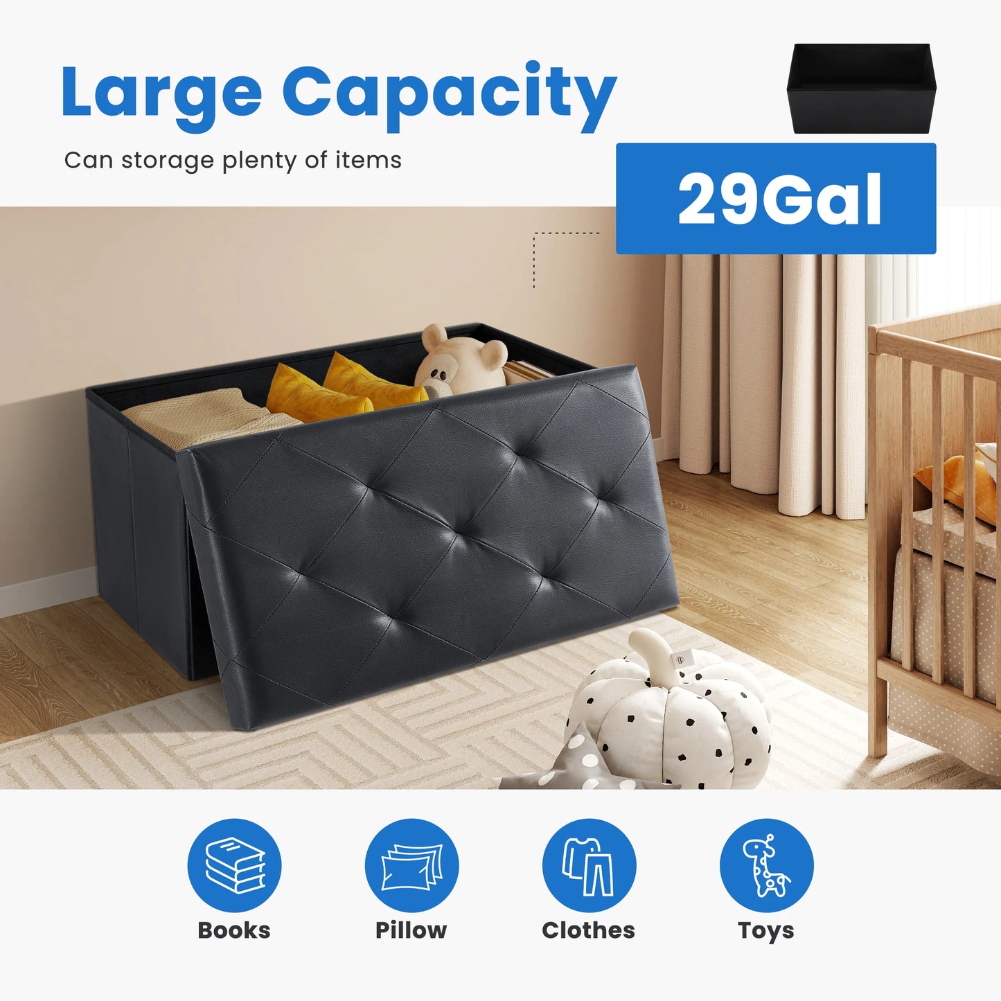 MCQ 30 Inch Faux Leather Foldable Ottoman Foot Rest Stool with Storage Folding End of Bed Storage Bench Storage for Living Room Bedroom Entryway