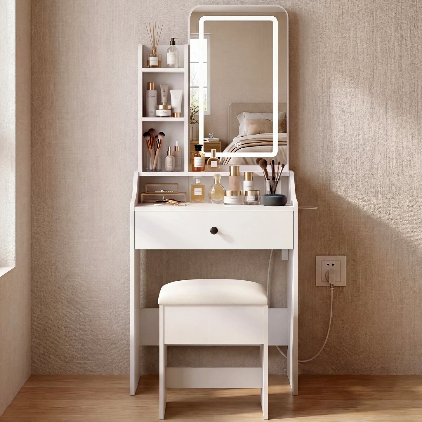 JHK 24IN Makeup Vanity Table Set with Mirror and Lights Small Vanity with Storage Bench Charging Station and Hair Dryer Holder Dressing Table with Drawer and Three Shelves