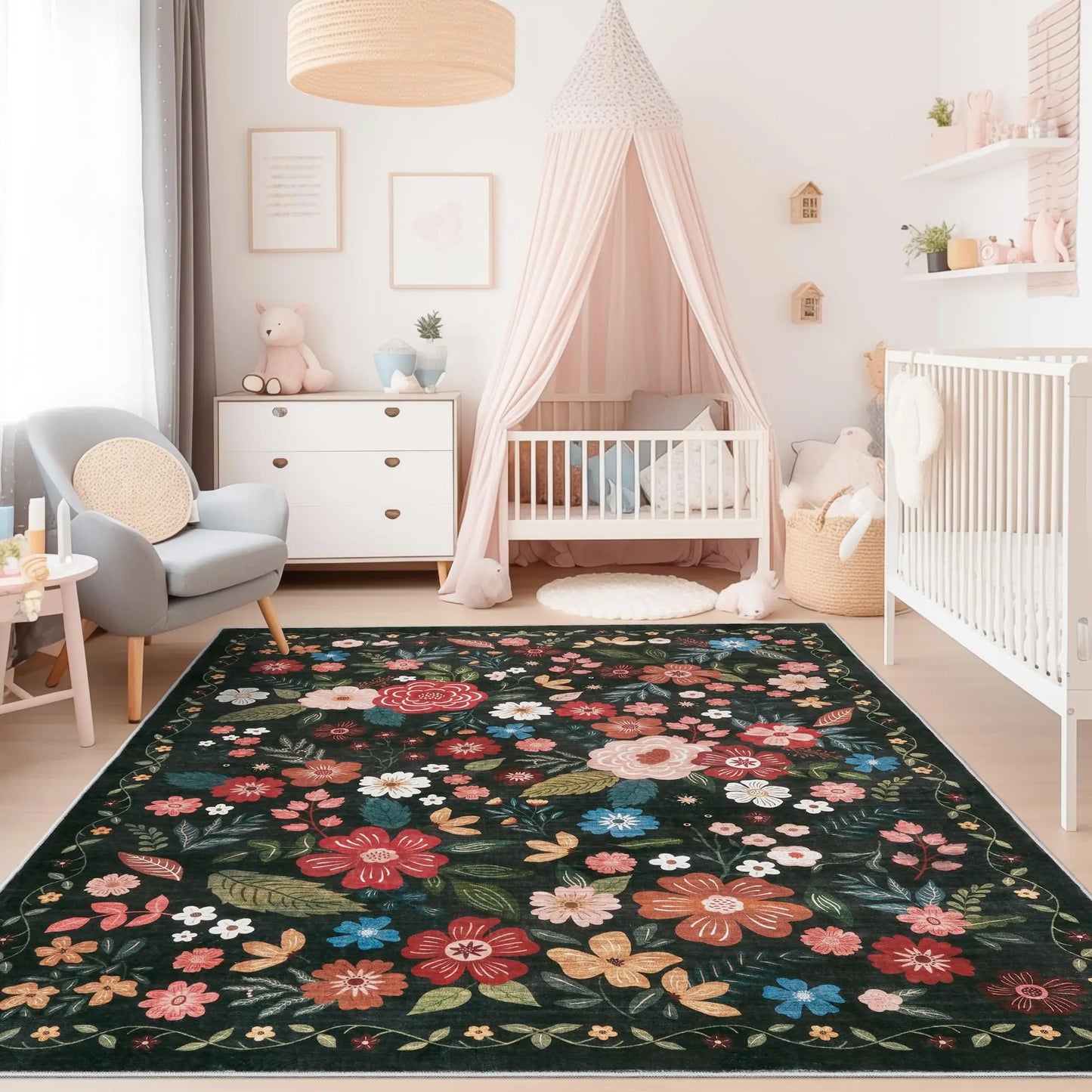 Blank Flower Rug, Washable Non-Slip Area Carpet for Living Room & Bedroom, Home Decor