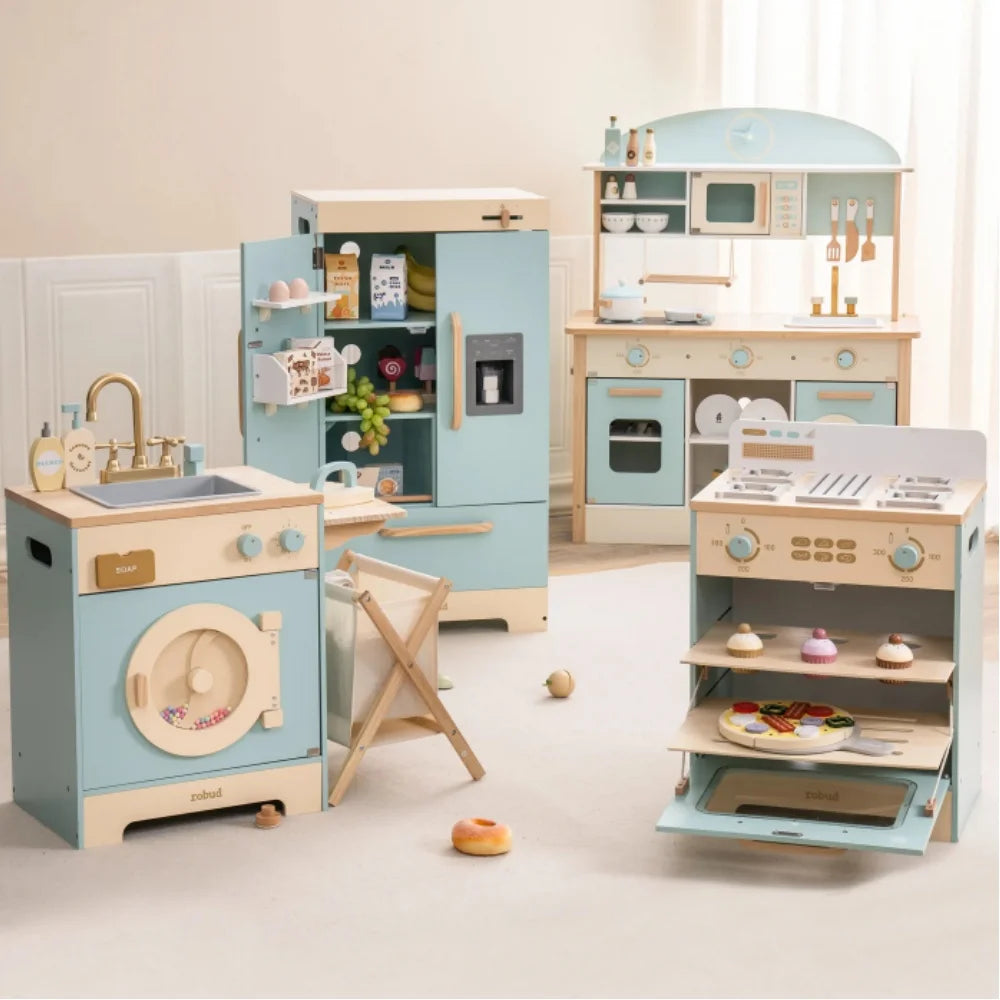 Kitchen Washer Playset Play Kitchen Fridge Refrigerator Play Toy Oven Wooden Kitchen Playset for Kids Age 3+Blue
