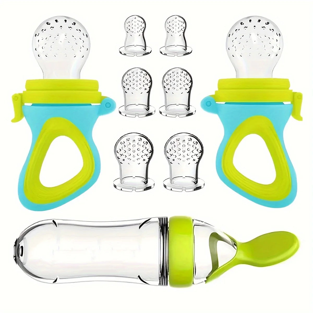 9pcs Multi-Functional Baby Rice Cereal Feeding Set: 1pc Rice Cereal Bottle, 2pcs Teething Pacifiers, 6pcs Different Size Mesh Bags (2pcs Each In S, M, L) - Blue